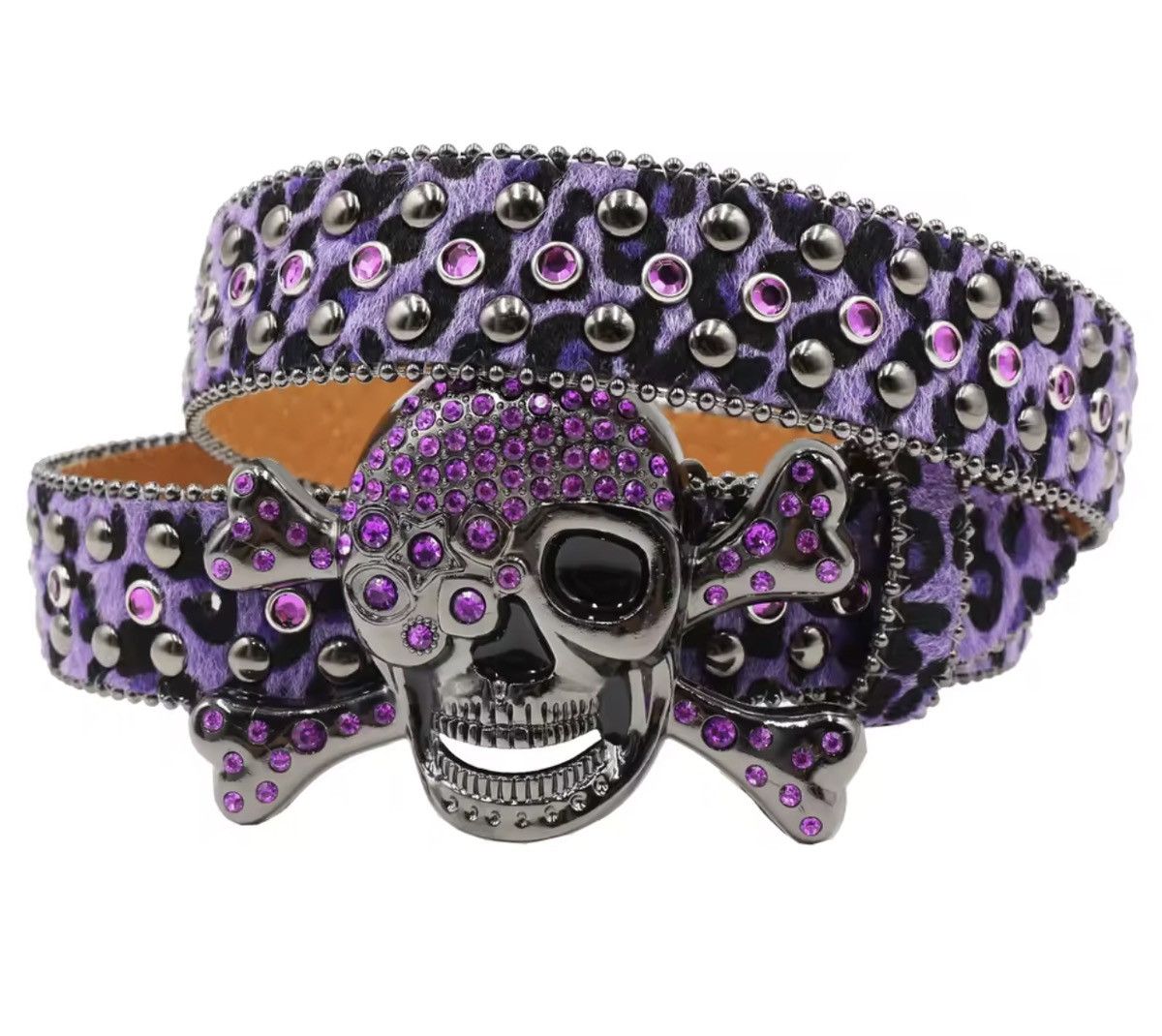 Japanese Brand Crystal Skull Crossbone Leopard PU Leather Belt 105 cm Size ONE SIZE - 2 Thumbnail