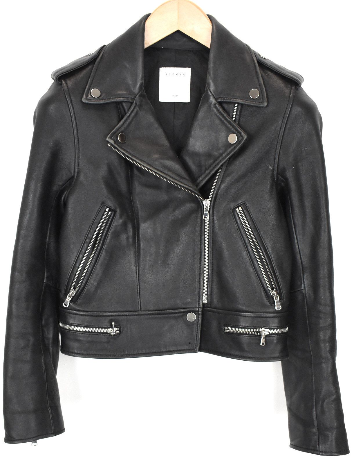 SANDRO Jacket Women XS Cropped Leather Asymmetrical Zip
