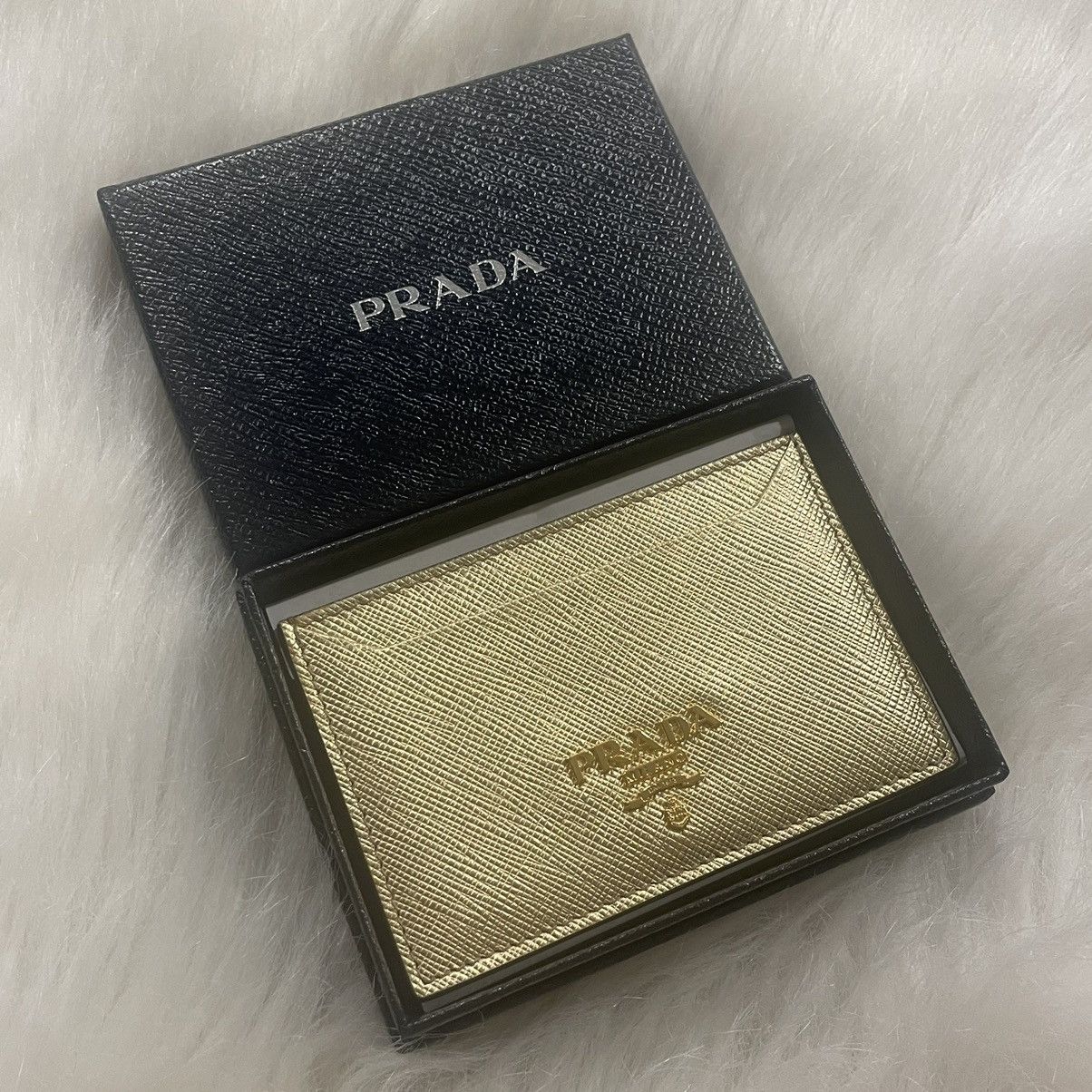 image of Authentic Gold Leather Prada Card Holder Wallet, Women's