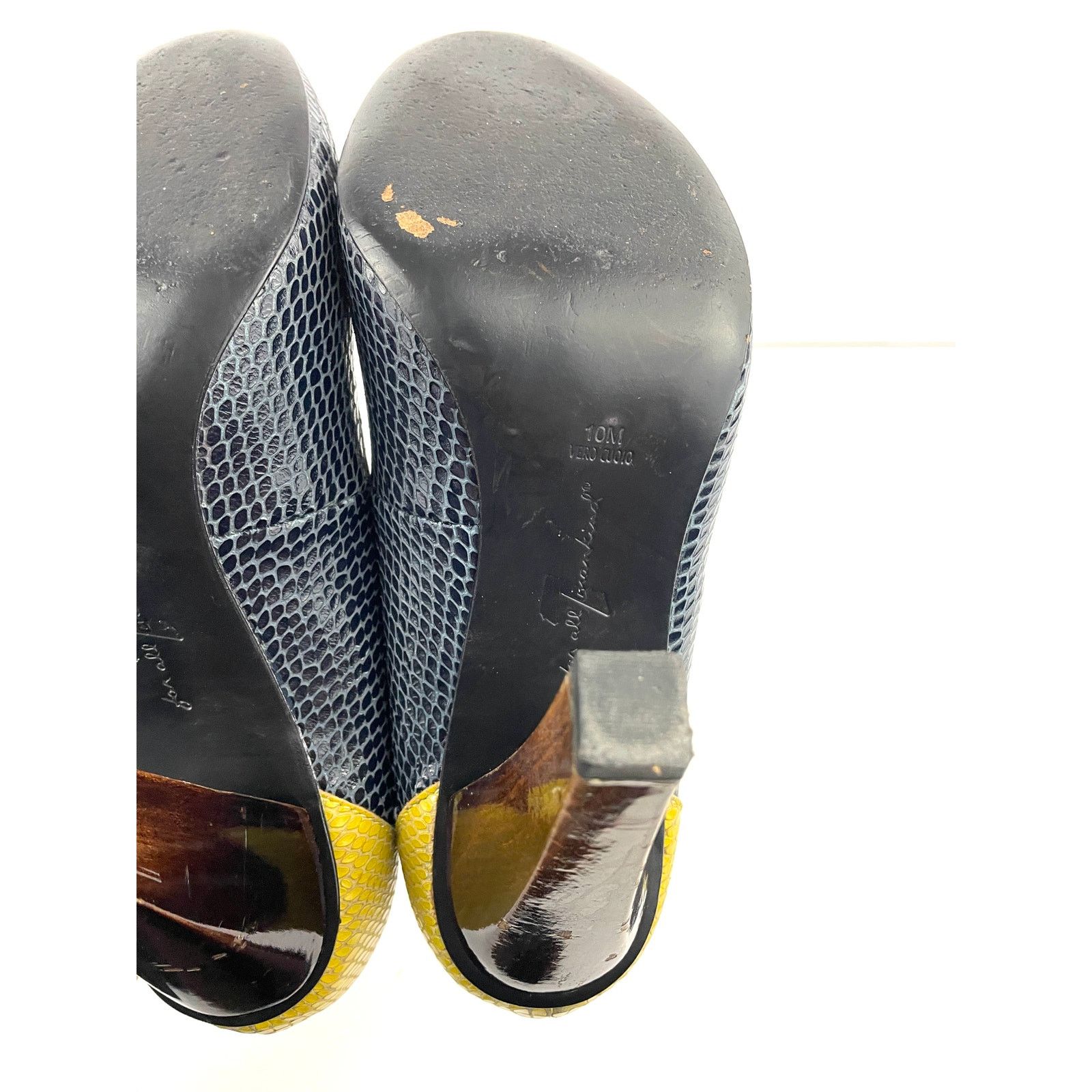 7 For All Mankind Wooden Heels Pumps Blue Yellow Snake Style 10 Leather Size US 9 / IT 39 - 9 Thumbnail