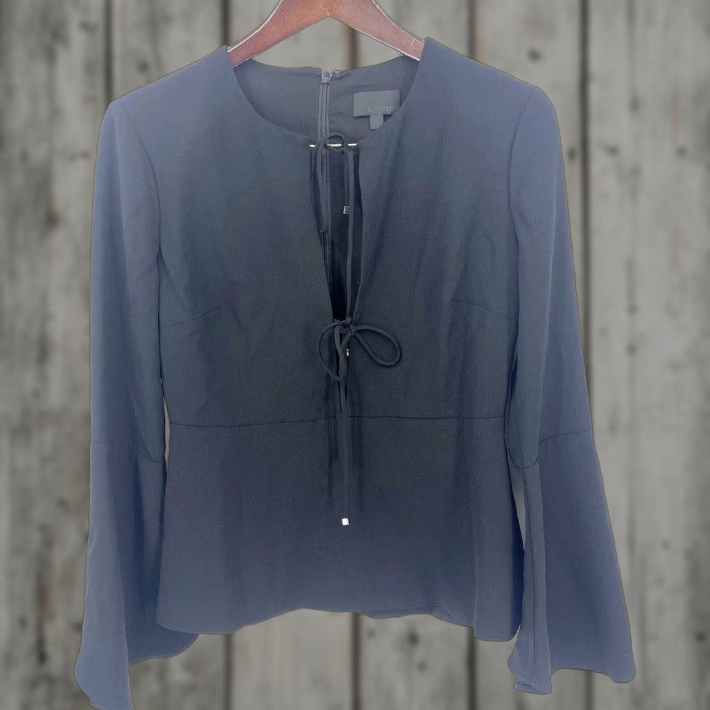 Bell INTERMIX Blouse Women Small Black Plunge Neck Tie Bell Sleeve V-Neck Tie Front Bell Flare Sleeves Size S / US 4 / IT 40 - 1 Thumbnail
