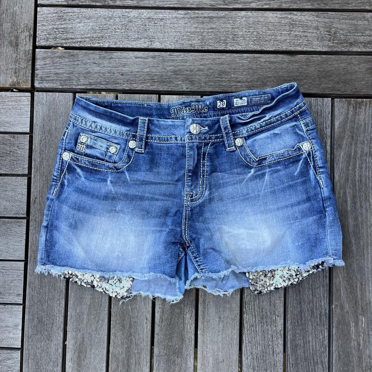 Miss Me Women’s Miss Me Mid-Rise Shorts with Silver Sequin Detailing Size 29" - 1 Thumbnail