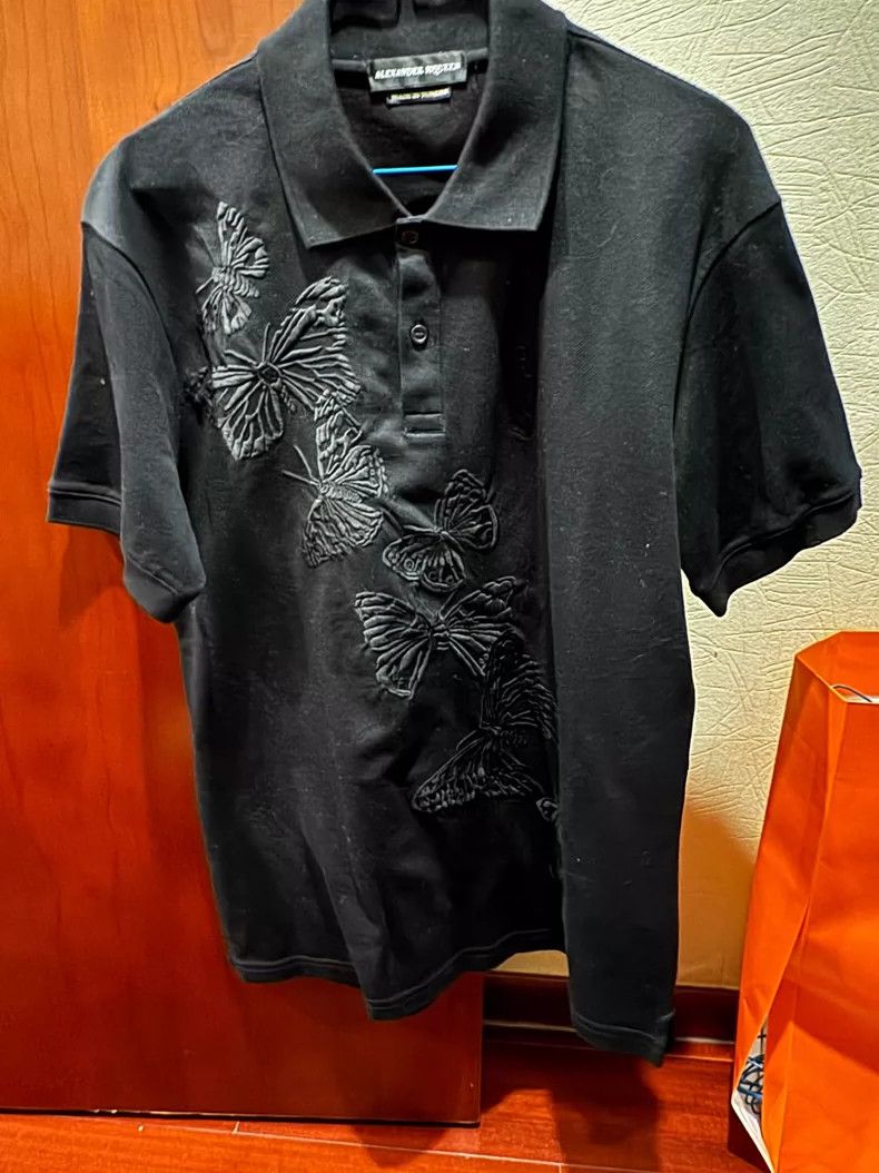 Alexander McQueen Black Butterfly Embroidered Polo Shirt- DMC