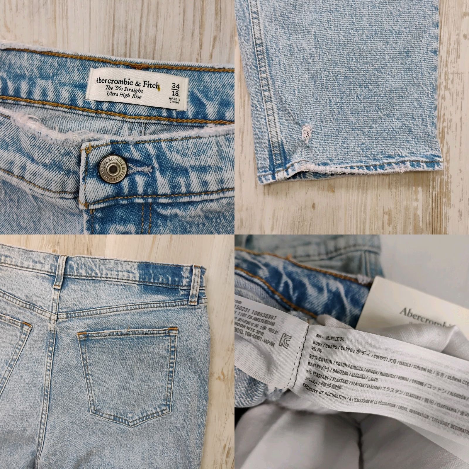 Abercrombie & Fitch The 90s Jeans Straight High Rise 40x32 Women 90s Distressed Denim Blue 40 34/18 Tag