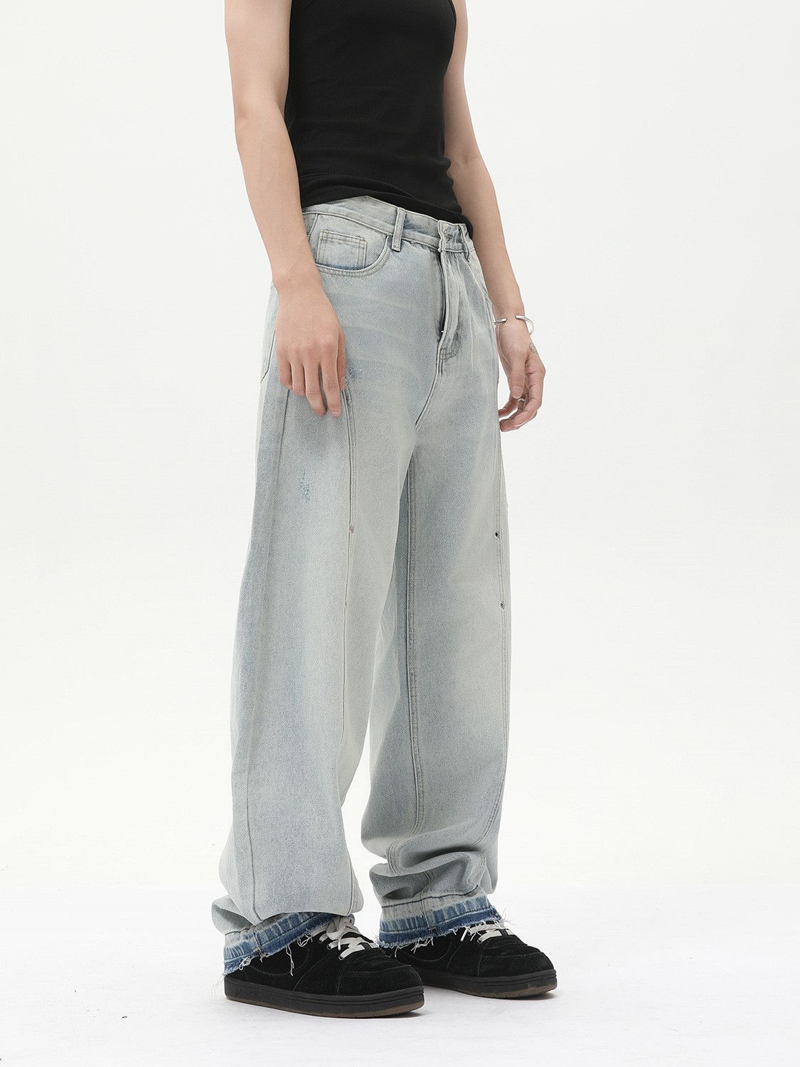 Japanese Brand Men's washed retro wide-leg loose patchwork curved jeans Size US 32 / EU 48 - 3 Thumbnail