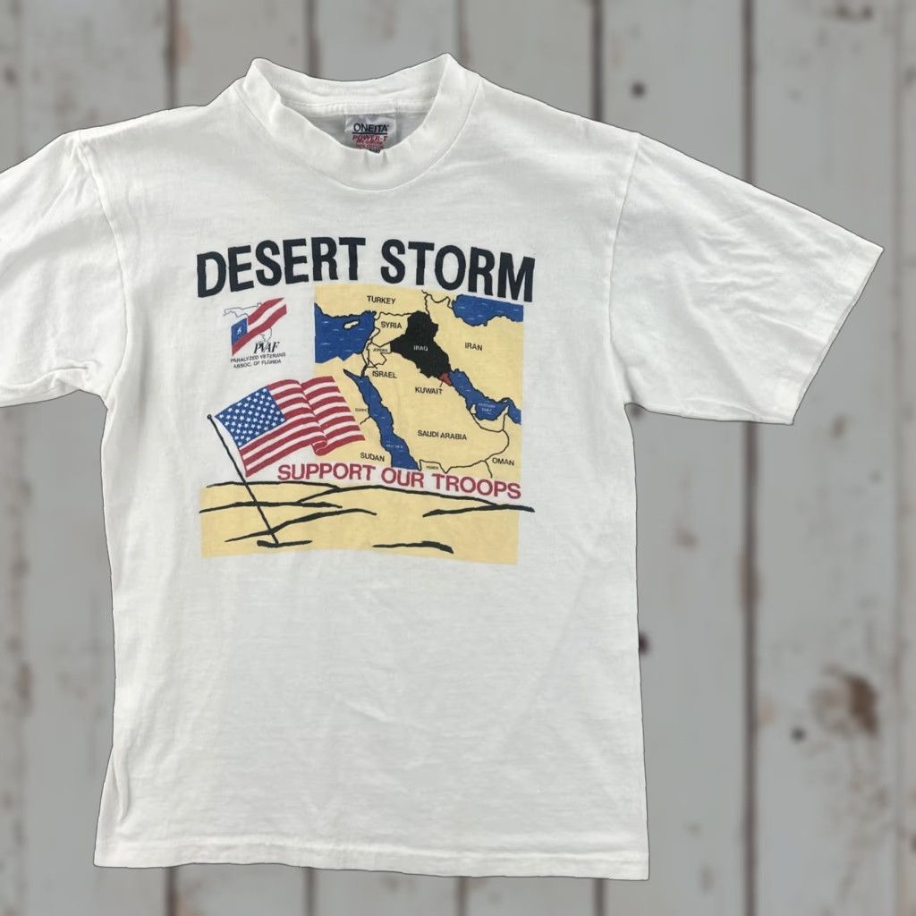 Vintage VINTAGE Oneita Mens L White Desert Storm Graphic Print USA Made Shirt 90s Patriotic Military Crew Neck Size US L / EU 52-54 / 3 - 1 Thumbnail