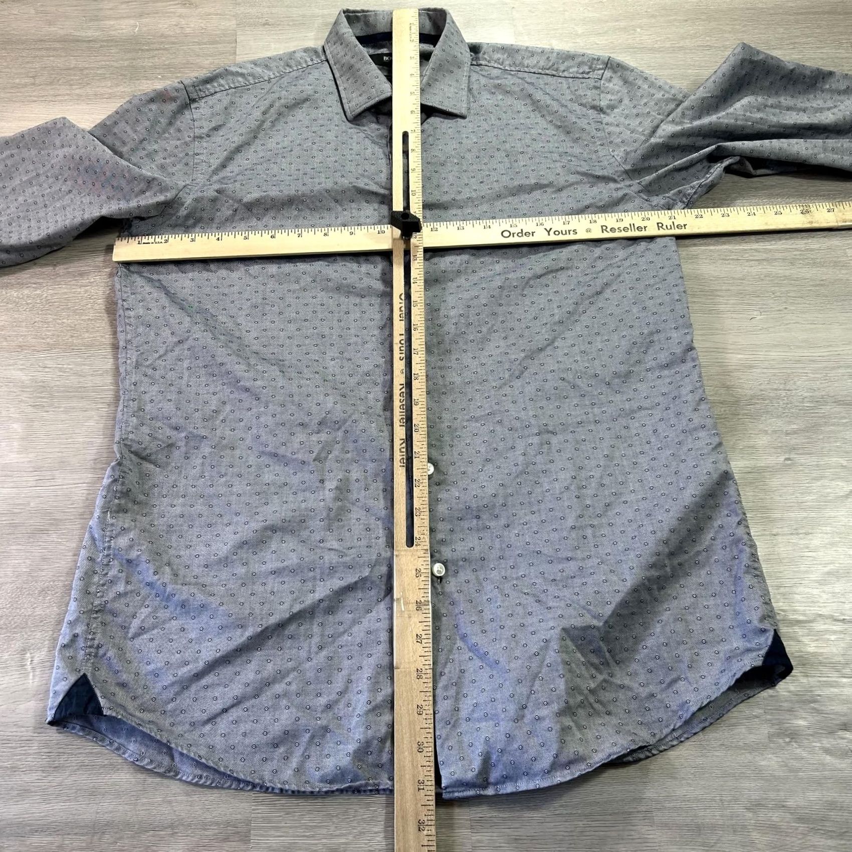 Hugo Boss HUGO BOSS Dress Shirt Mens 16 Slim Geometric Blue Easy Iron 34/35 Cotton Shirt Mens 16 neck sleeve Geometric Pattern Business Size 42R - 6 Thumbnail