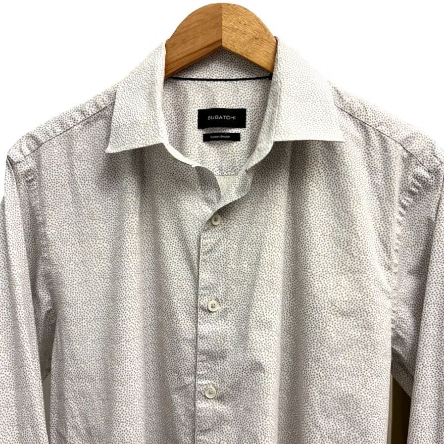 BUGATCHI BUGATCHI Shirt Mens 16.5 White Comfort Stretch Blue Dot Long Sleeve Button Size US XL / EU 56 / 4 - 2 Thumbnail