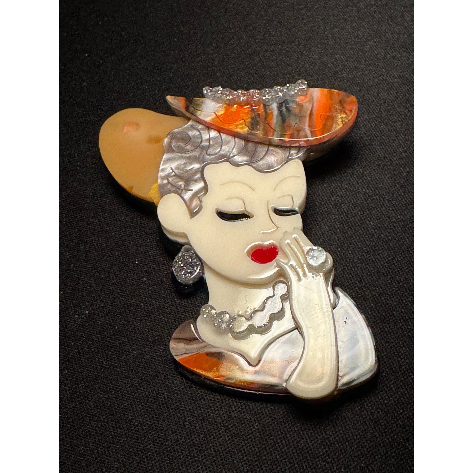 Other Acrylic 3D Lady Brooch Patterned Hat & Glitter Details Size ONE SIZE - 1 Thumbnail
