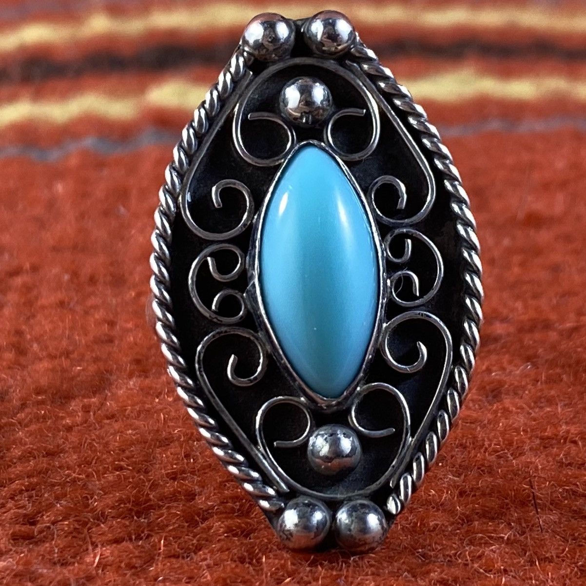 Japanese Brand Vtg 60s 70s Taxco Sterling Silver Turquoise Filigree Ring Size ONE SIZE - 3 Thumbnail