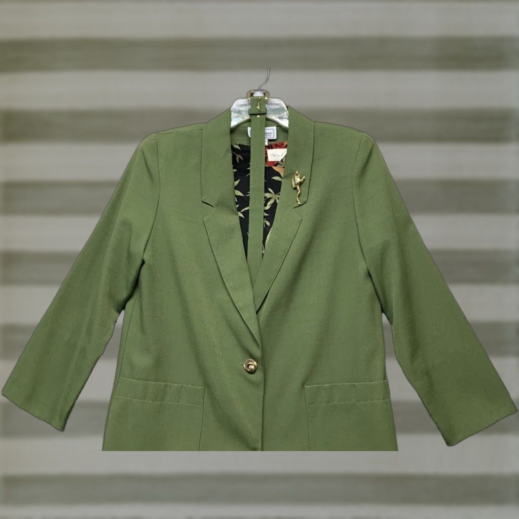 Lee Kathie Lee Dress Jacket W/Belt 2 Pockets Petite 8/10 6" Slit Knee Length Green Black Red & Gold Womens Size M / US 6-8 / IT 42-44 - 1 Thumbnail