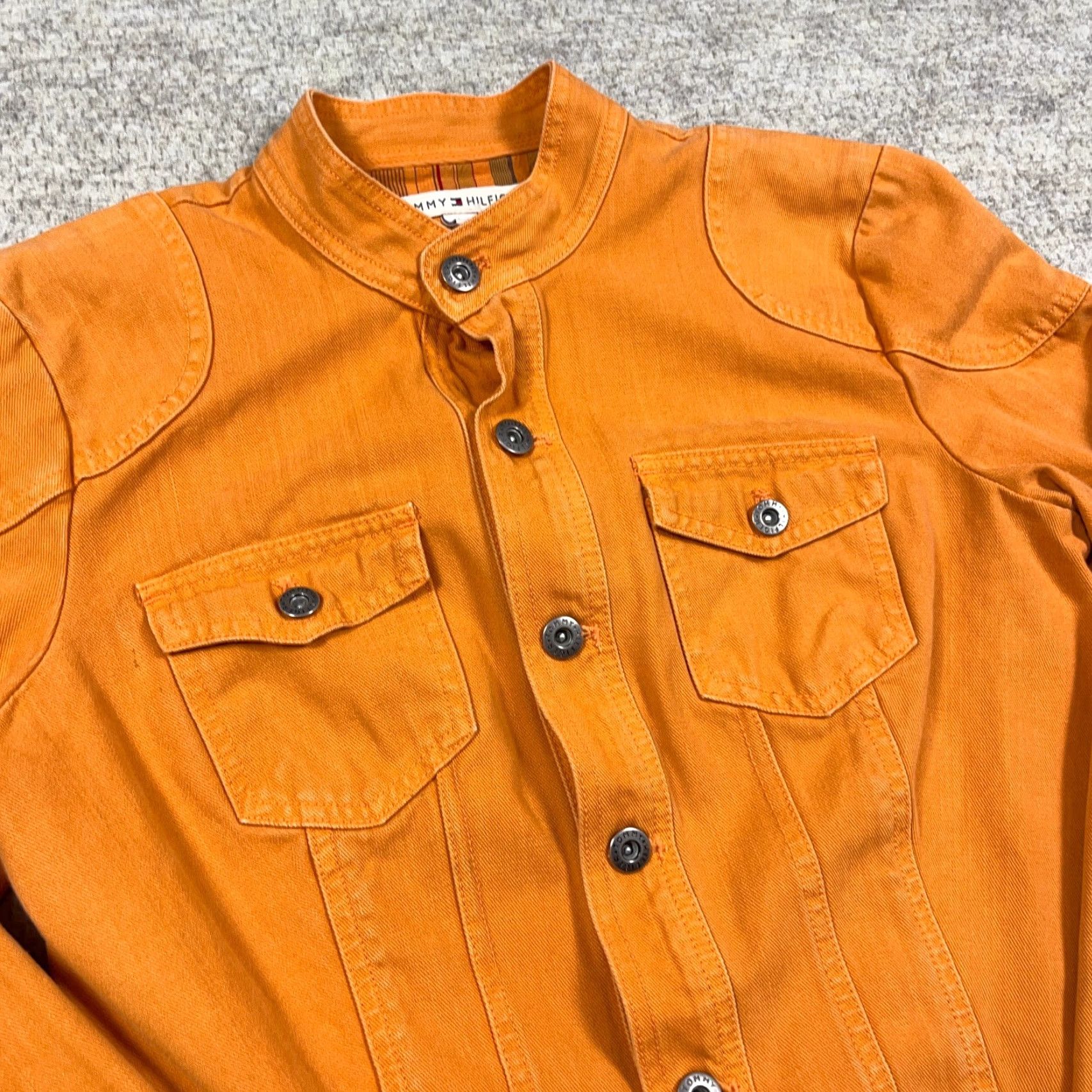 Tommy Hilfiger VINTAGE Tommy Hilfiger Denim Jacket Women M Orange Denim 80s 90s Biker Classic Modern Logo Pockets Mid Modern Womens Size M / US 6-8 / IT 42-44 - 3 Thumbnail