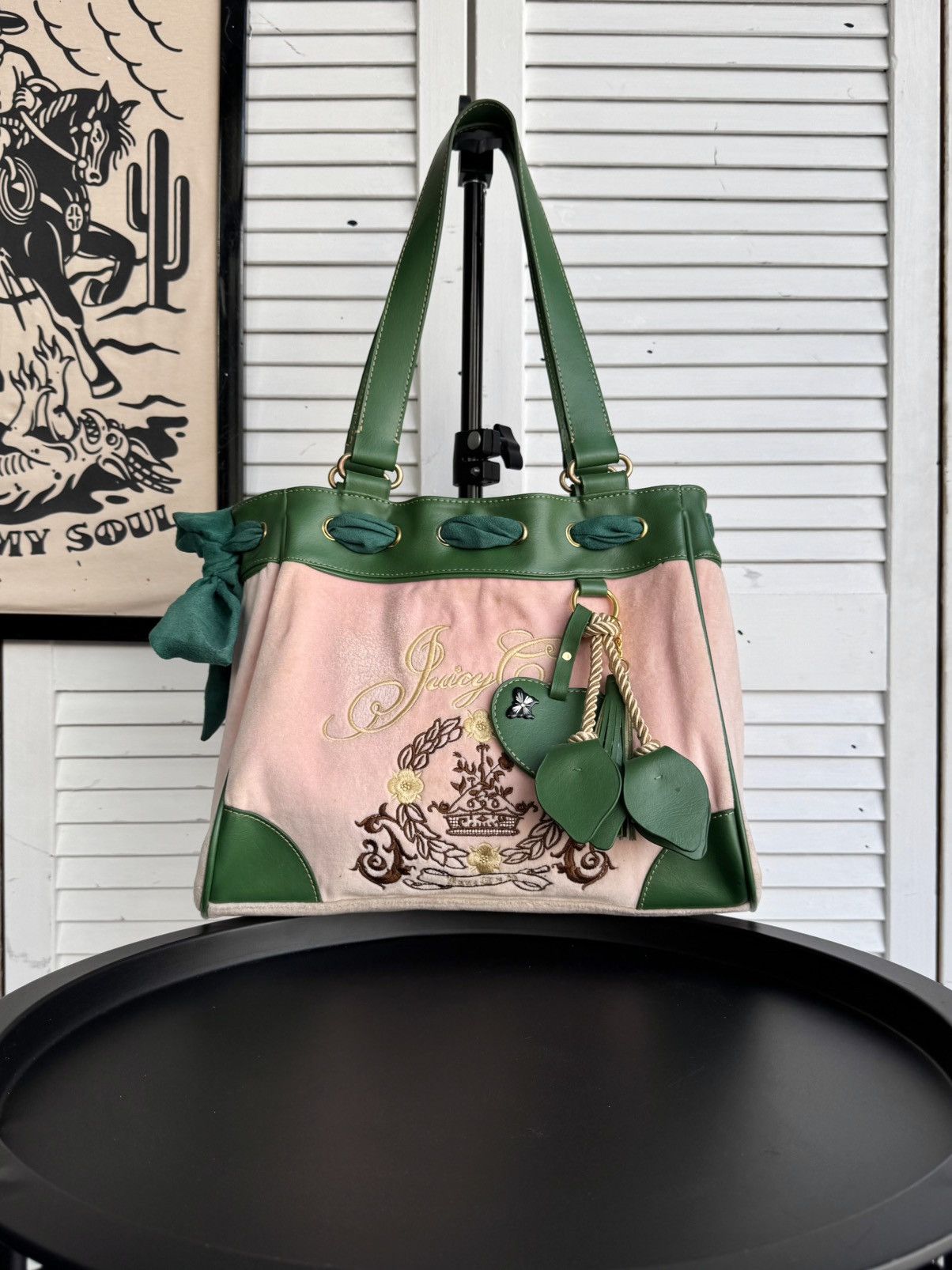 Juicy Couture Vintage Juicy Couture Daydreamer Velour Tote Bag Pink Green Size ONE SIZE - 3 Thumbnail