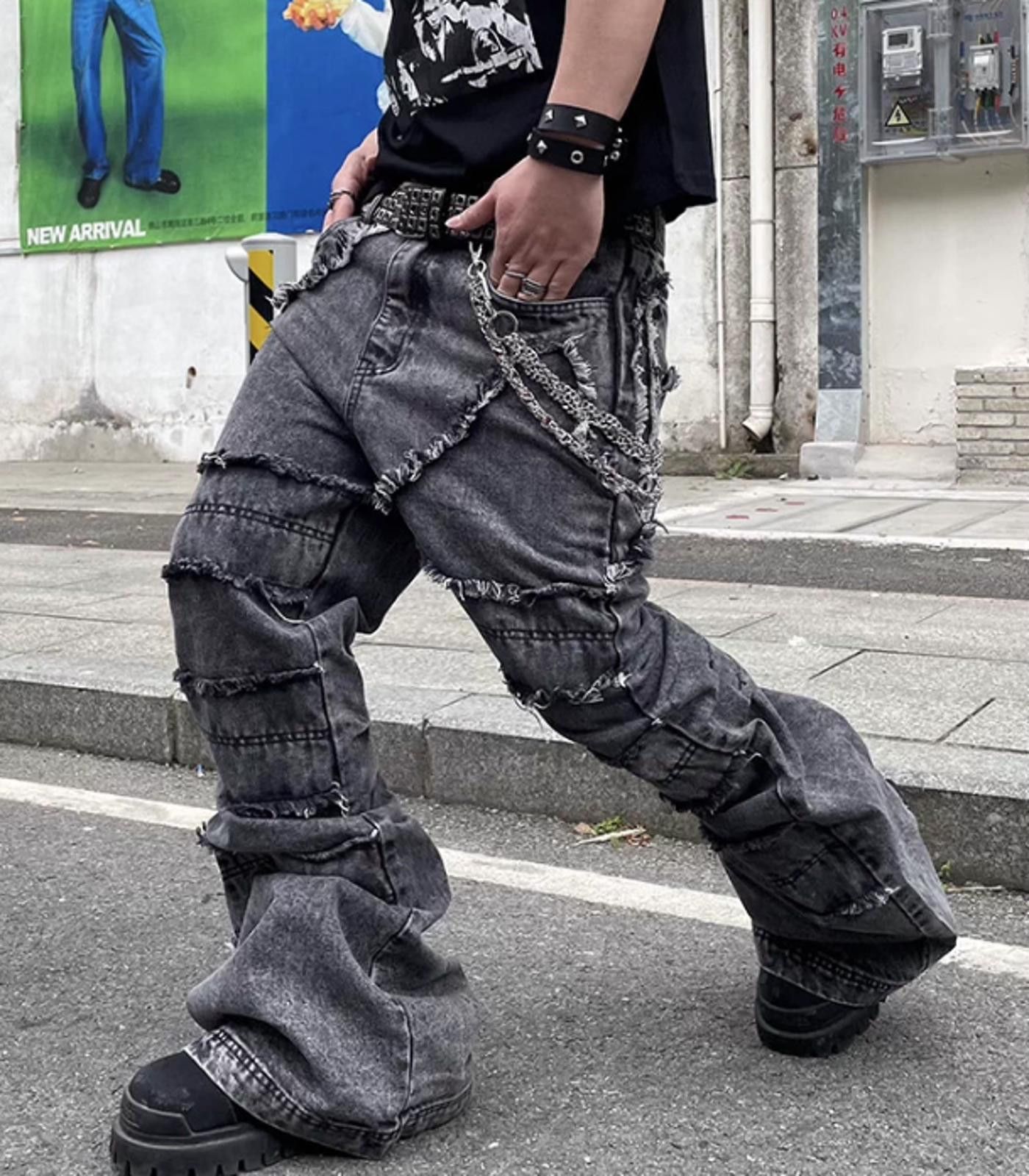 Japanese Brand Gray Distressed Flared Denim Jeans, Wide Leg Jeans Size US 30 / EU 46 - 5 Thumbnail