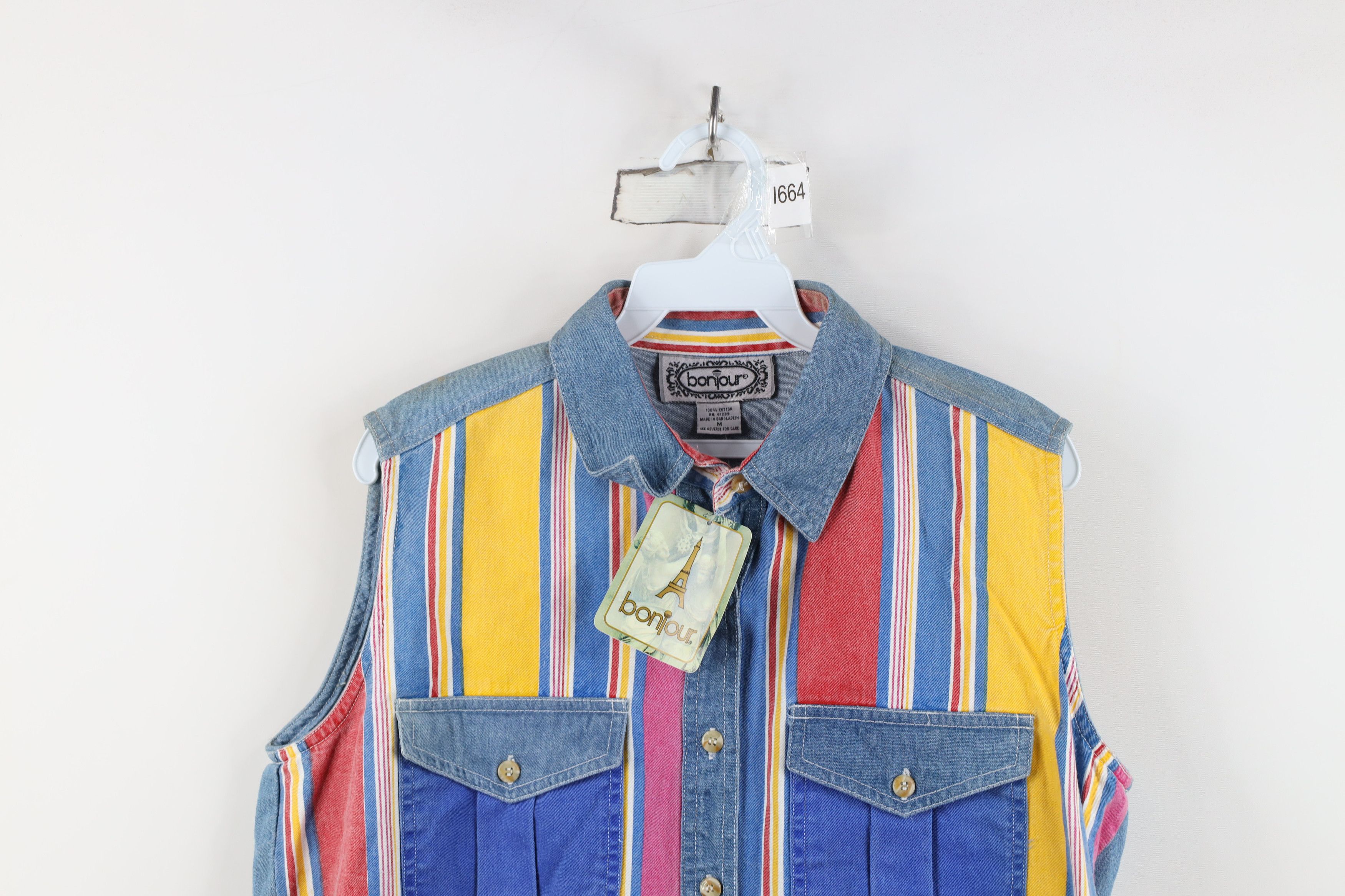 Vintage Deadstock Vintage 90s Striped Sleeveless Denim Button Shirt Size M / US 6-8 / IT 42-44 - 2 Thumbnail