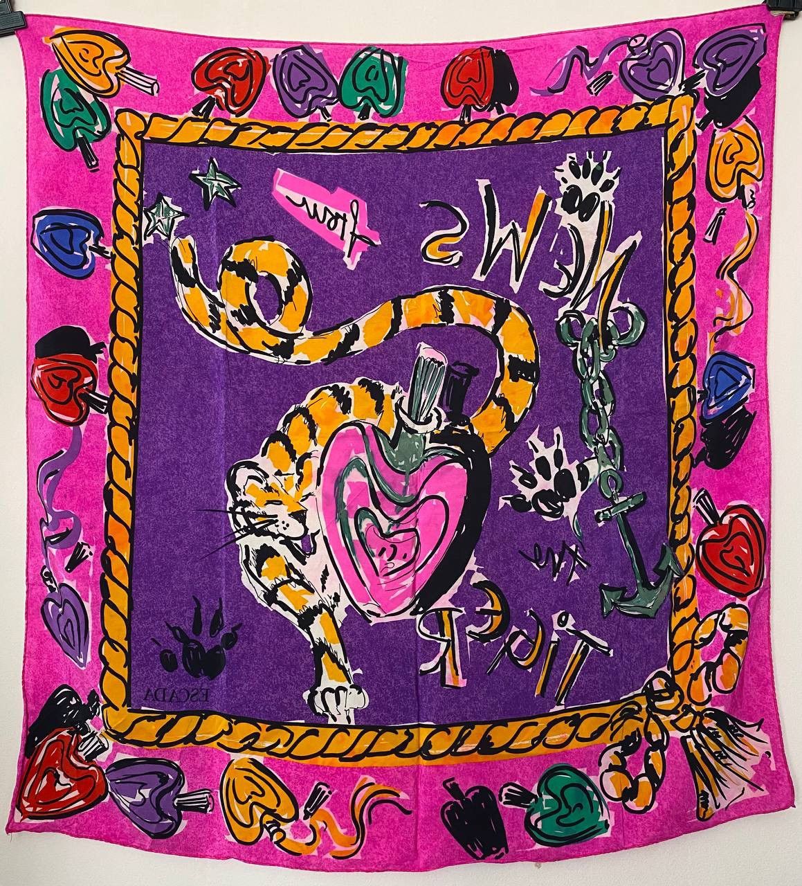 Escada × Vintage Rare 1980's ESCADA Jewel Tone Tiger Scarf 100% Silk Designer Size ONE SIZE - 6 Thumbnail