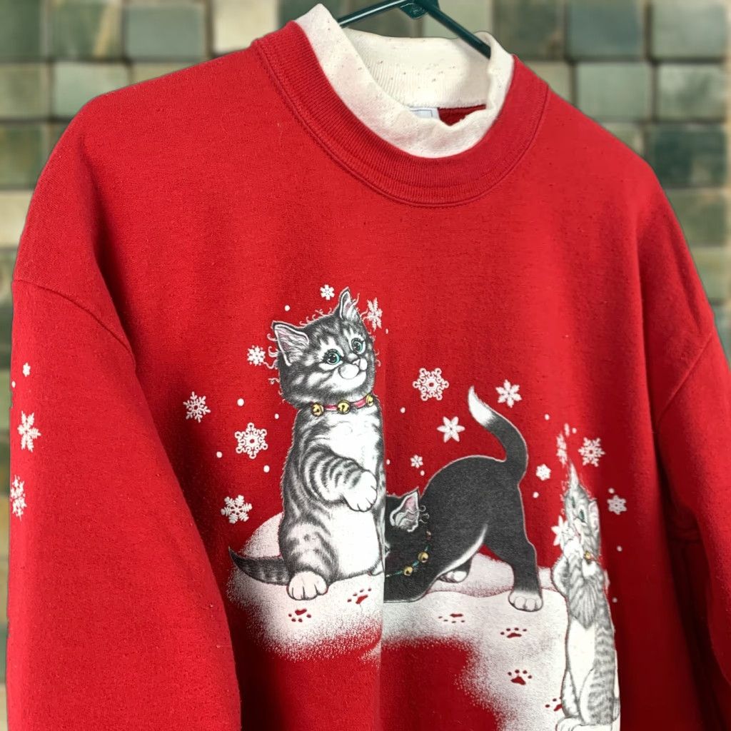 Vintage VINTAGE Morning Sun Cats Playing In Snow Sweatshirt Large Red 90s Cats Playing In Snow Womens Sweatshirt Size L / US 10 / IT 46 - 1 Thumbnail