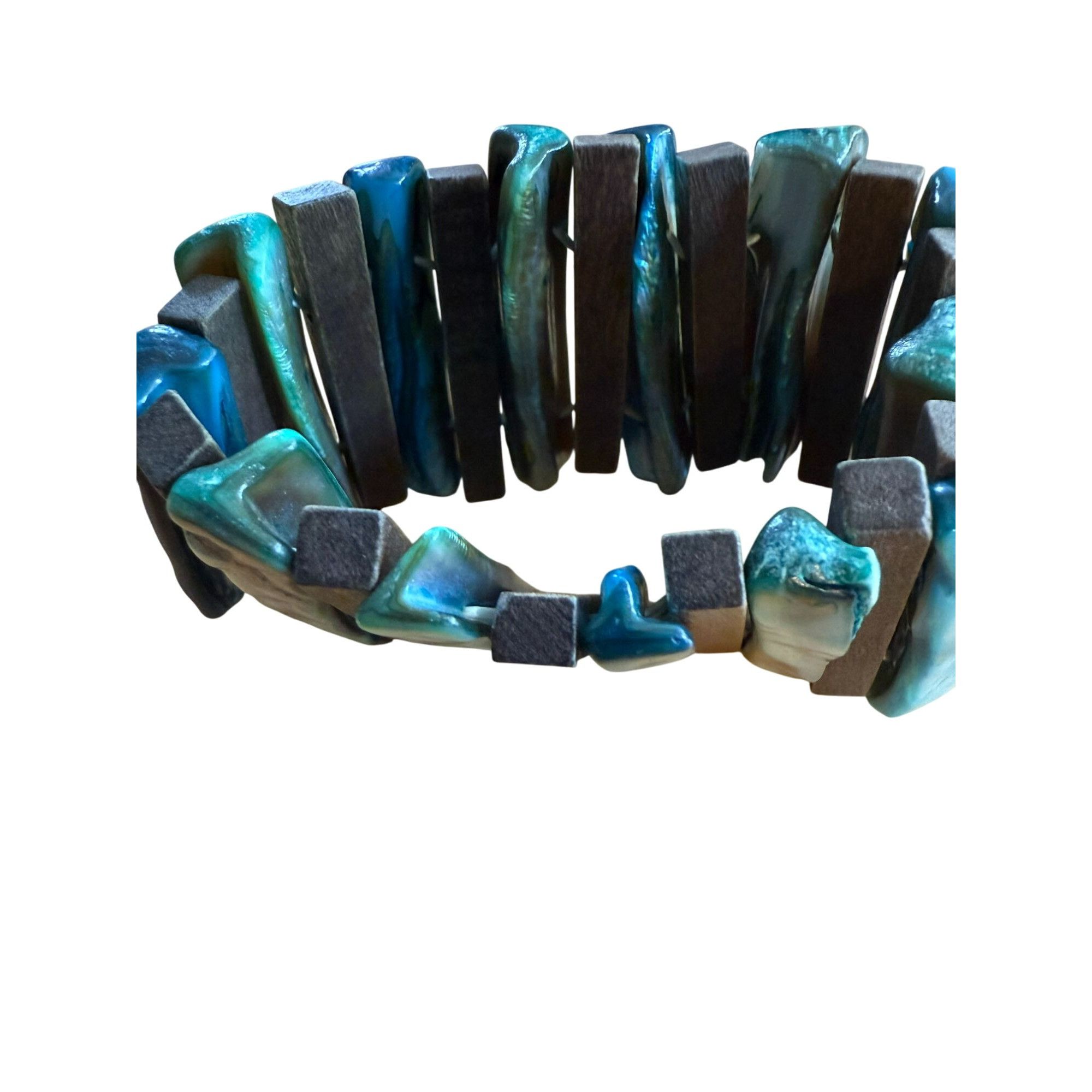 Other Handcrafted Stretch Bracelet With Blue & Brown Shell & Wood Size ONE SIZE - 4 Thumbnail