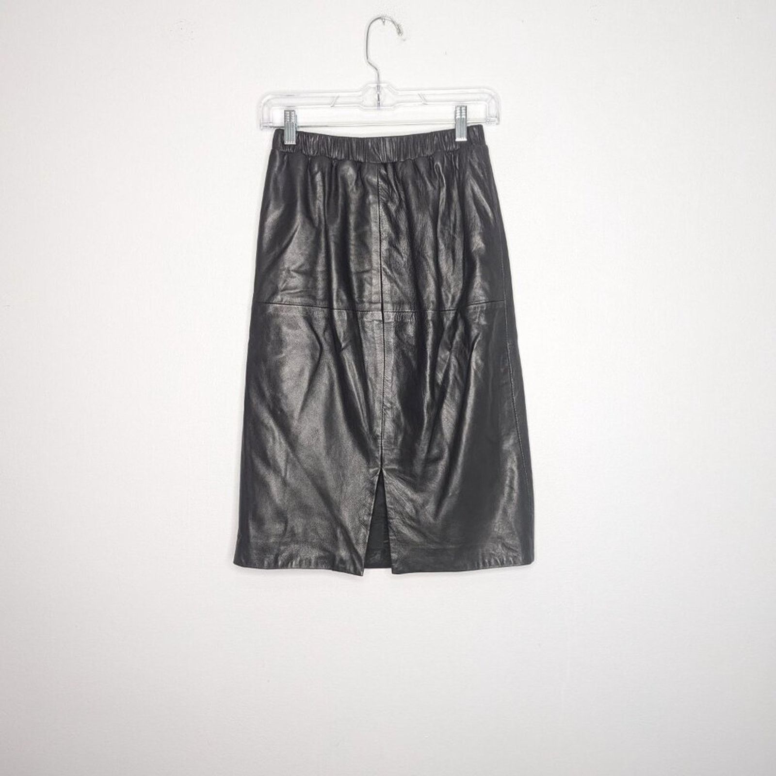 Vintage Siena Vintage Black Leather Pencil Mini Skirt Elastic Waist Size 27" / US 4 / IT 40 - 3 Thumbnail
