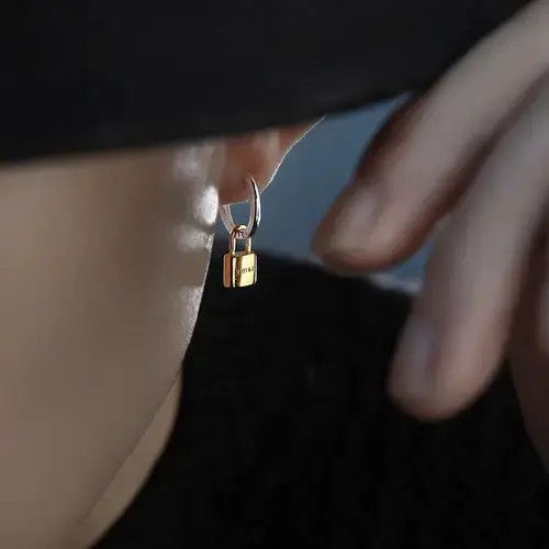 Jewelry × Sterling Silver Titanium Steel Gold Lock Dangle Drop Earrings for Men Women Size ONE SIZE - 2 Thumbnail