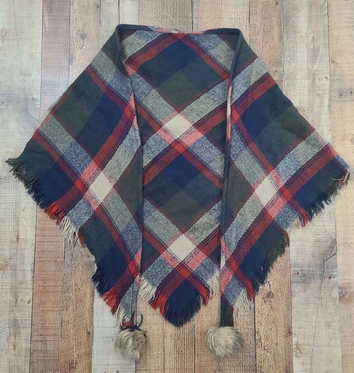 Designer Plaid Shawl Knit Acrylic Fuzzy Balls Fringe scarf wrap Size ONE SIZE - 4 Thumbnail