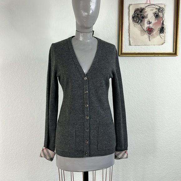 Burberry Brit Cashmere Gray V Neck Cardigan Sweater