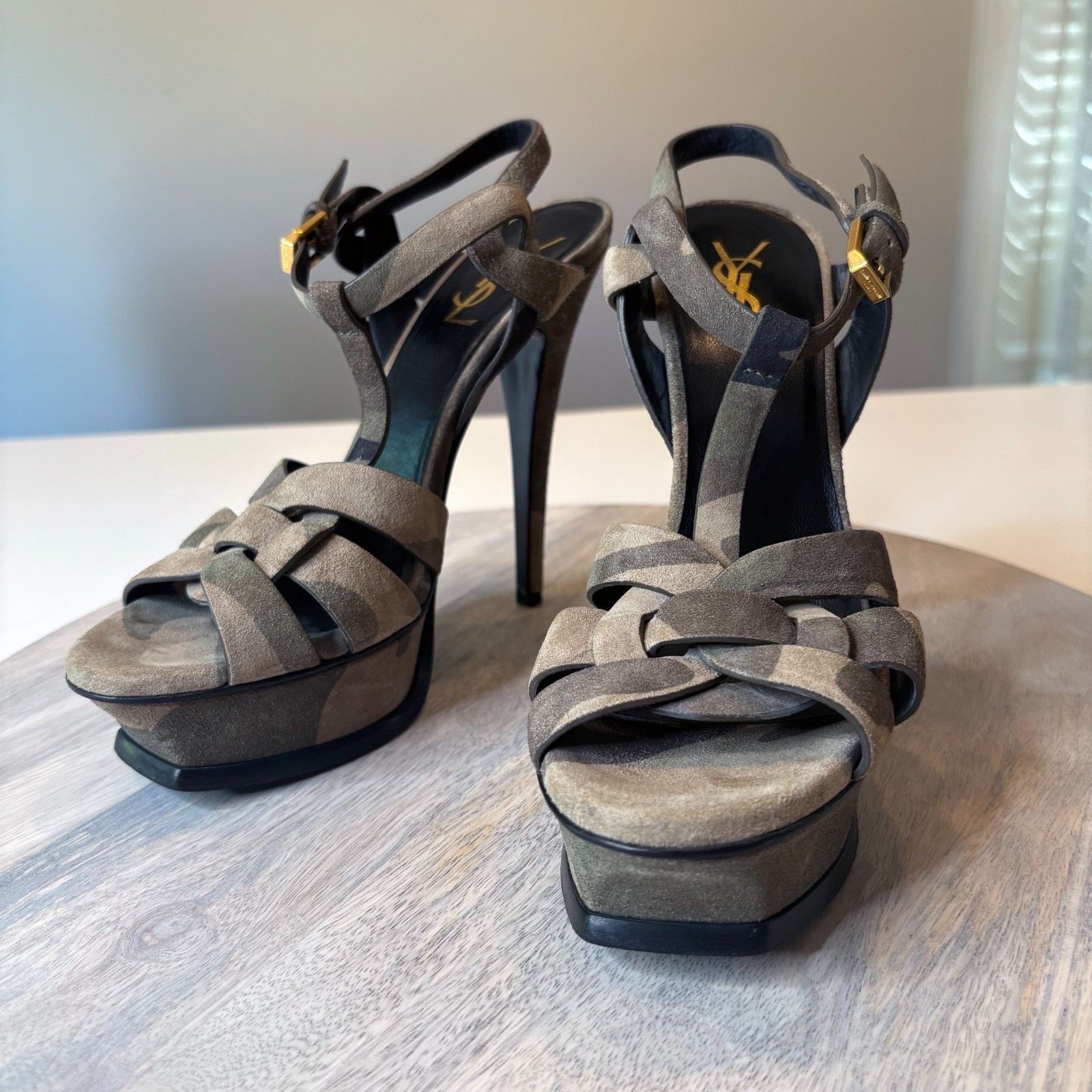 Saint Laurent Paris Yves Saint Laurent Camo Green Suede Tribute Heels Size 7.5 Size US 7.5 / IT 37.5 - 1 Thumbnail