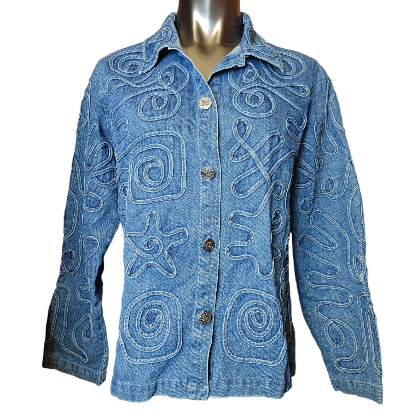 Other TANTRUMS Womens M Blue Squiggly Design Denim Jacket Shirt Sh Size M / US 6-8 / IT 42-44 - 1 Thumbnail
