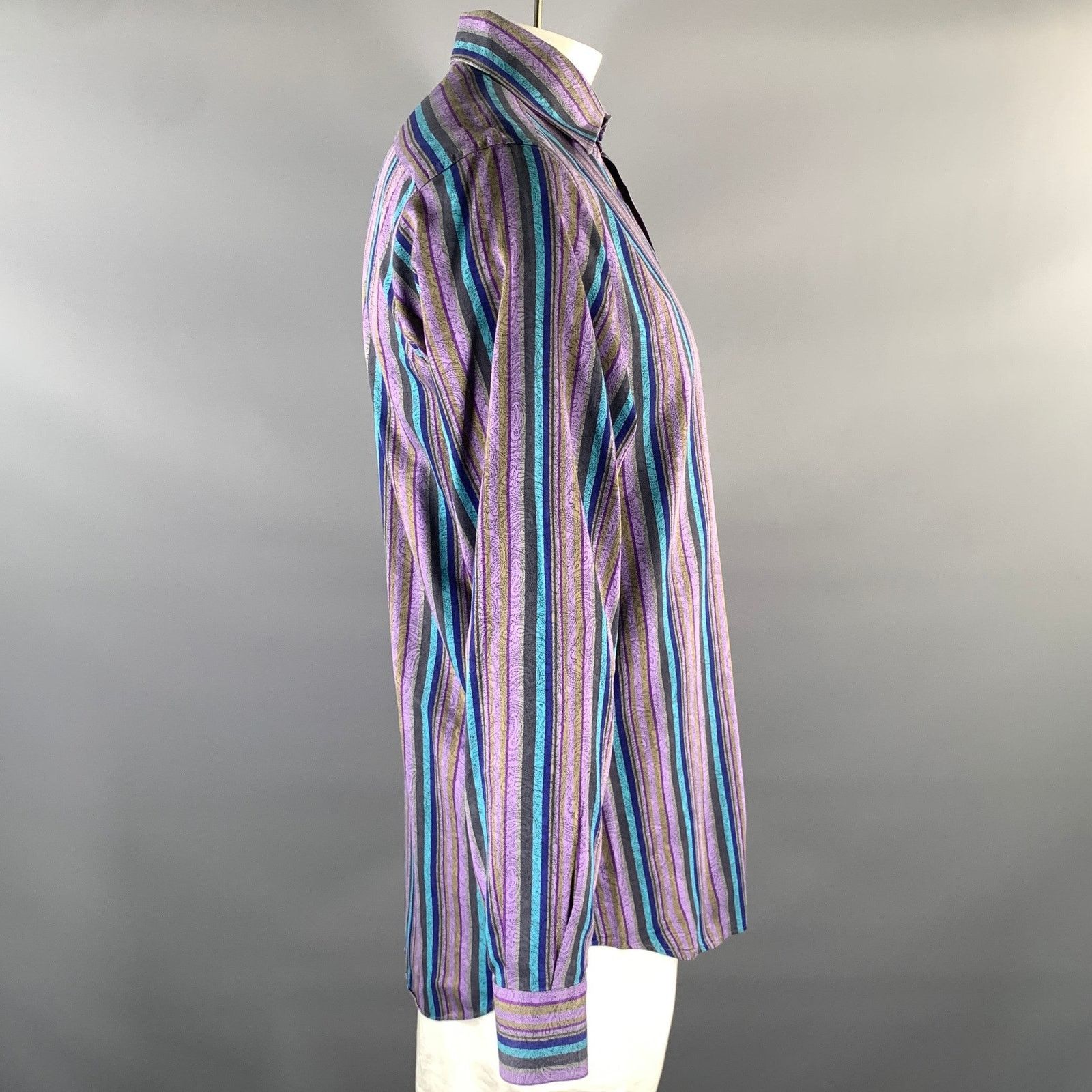 Etro ETRO XL Purple Blue Brown Stripe Paisley Long Sleeve Shirt Size US XL / EU 56 / 4 - 3 Thumbnail
