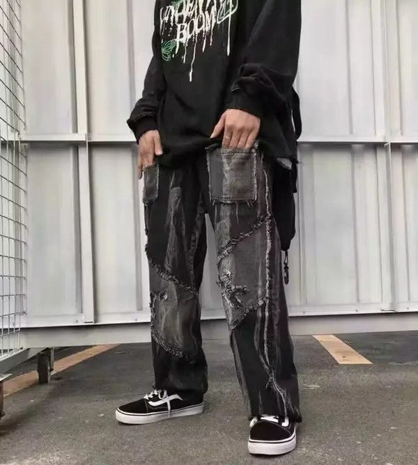 image of Men's Jeans Black Denim Trousers Male Patchwork (Size 28)