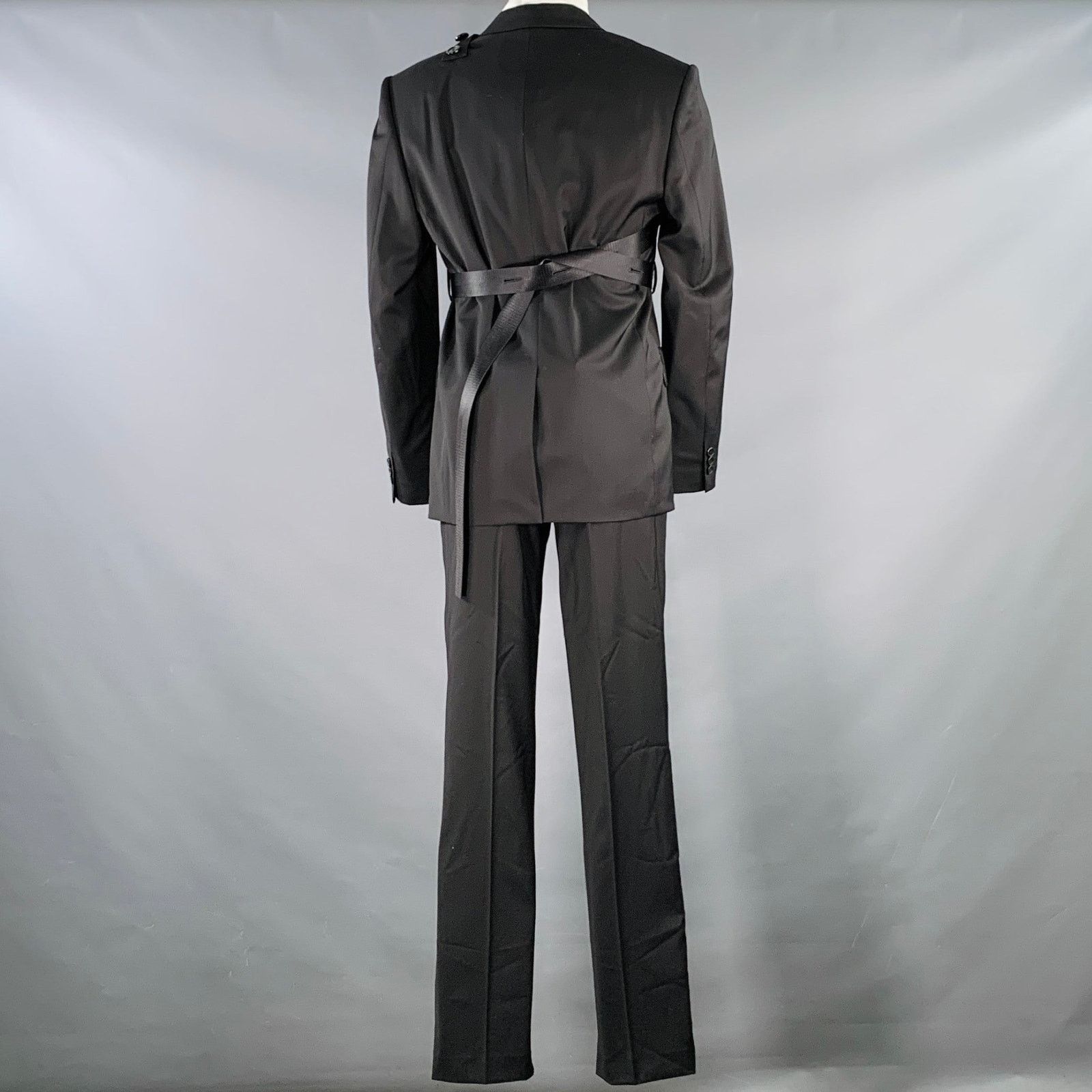 Helmut Lang HELMUT Black Wool Notch Lapel Seatbelt Suit Size 42R - 3 Thumbnail