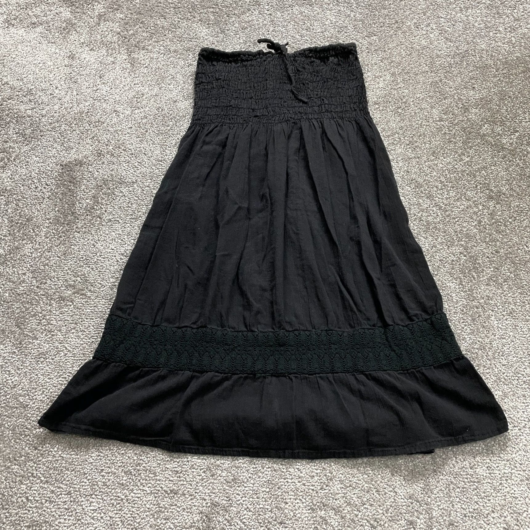 Vintage VINTAGE Women's Dress Midi Solid Black Linen A-Line Smocked Strapless Casual Spring Summer Fall 2020s Girls Size M / US 6-8 / IT 42-44 - 2 Thumbnail