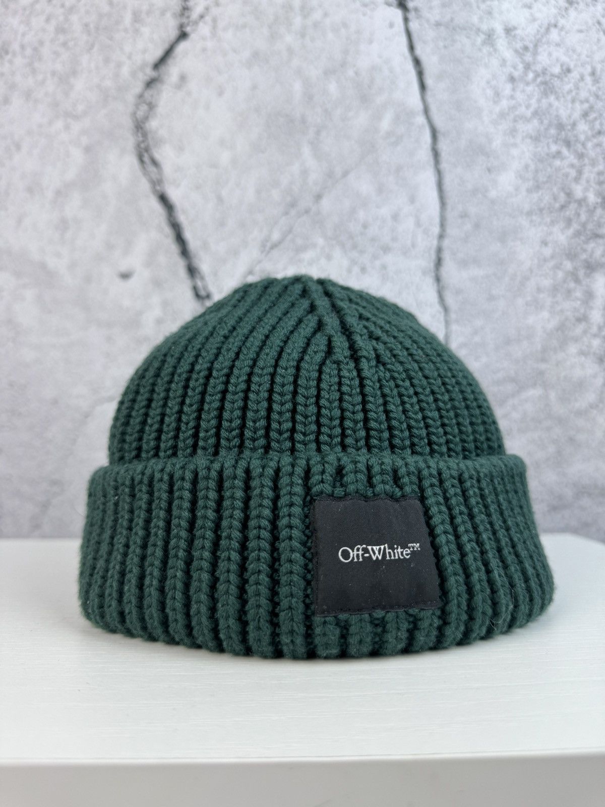 image of Off White Logo Ribbed Beanie in Green, Men's