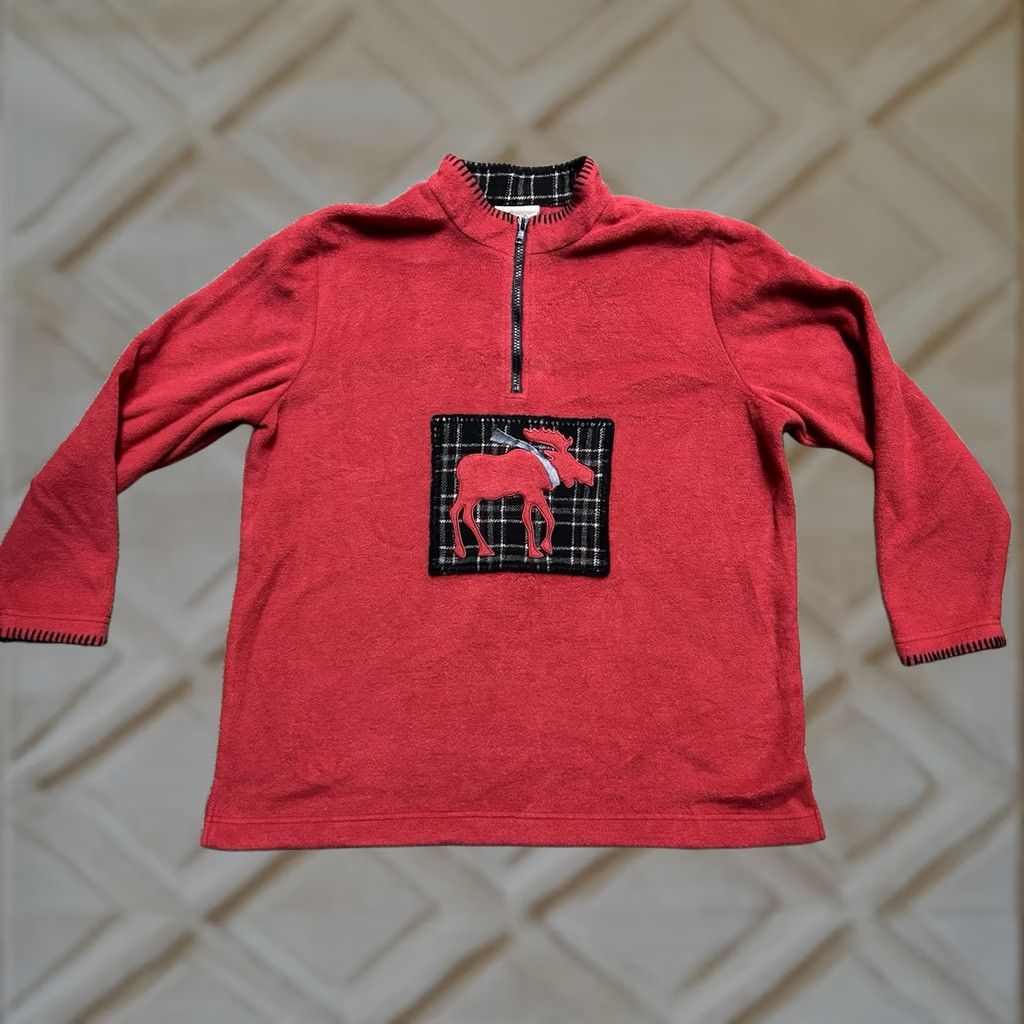 Coldwater Creek VINTAGE Coldwater Creek Red Fleece Plaid Moose Quarter Zip Pullover Top Womens Large Sweater Size L / US 10 / IT 46 - 1 Thumbnail