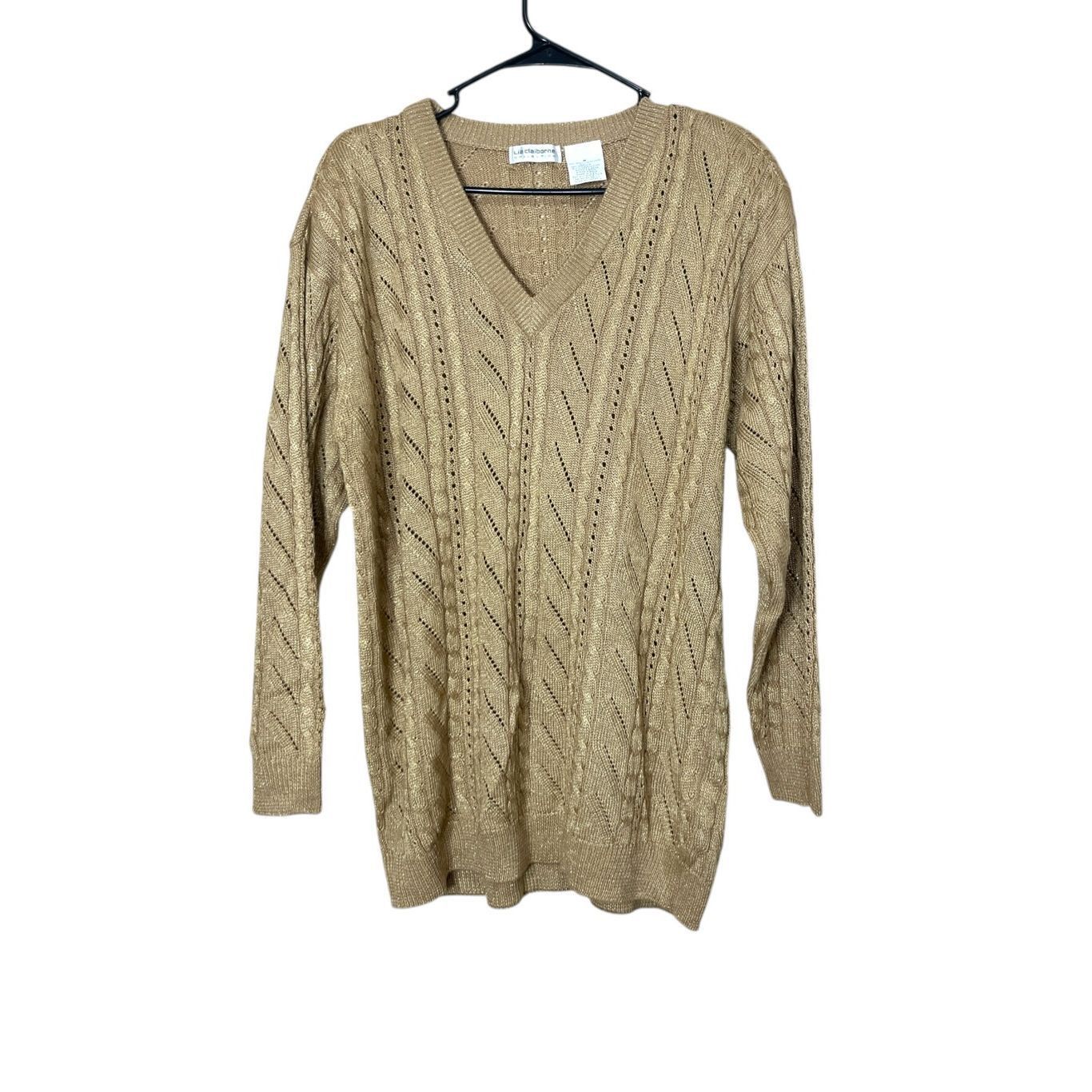 Liz Claiborne Vintage Liz Claiborne Cable Knit Shimmery Gold V Neck sweater M Size M / US 6-8 / IT 42-44 - 1 Thumbnail