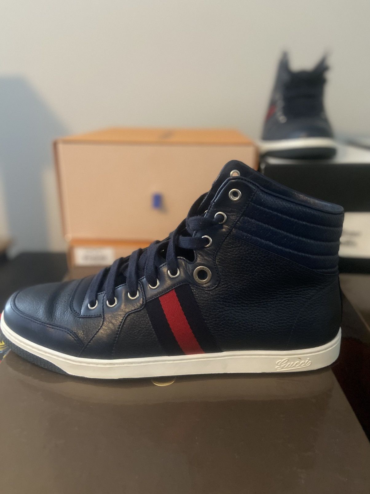 Gucci Gucci Navy Leather High-Top Sneakers (Red Web Stripe) Size US 11 / EU 44 - 5 Thumbnail