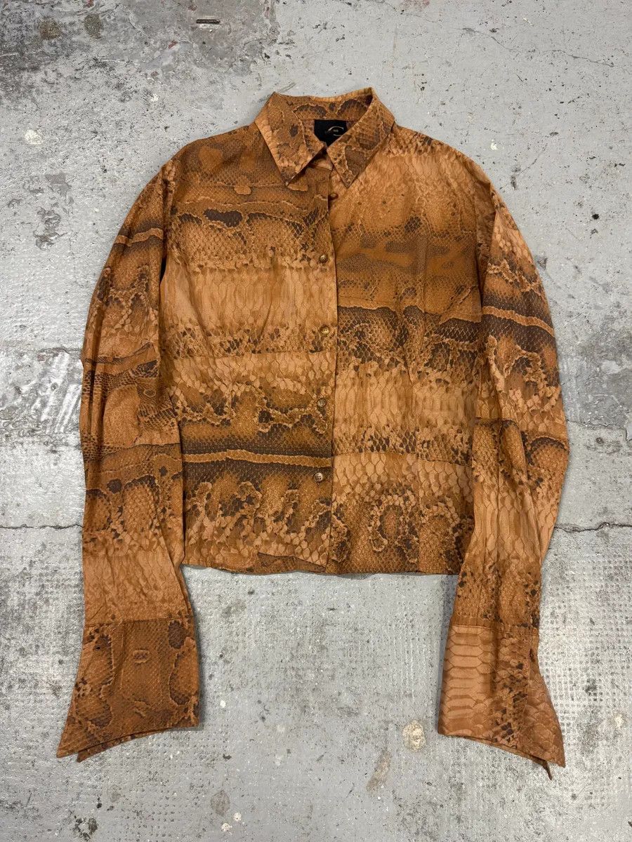 Designer × Roberto Cavalli × Vintage 2000s Cavalli Bronze Snake Print Shirt Size S / US 4 / IT 40 - 1 Thumbnail