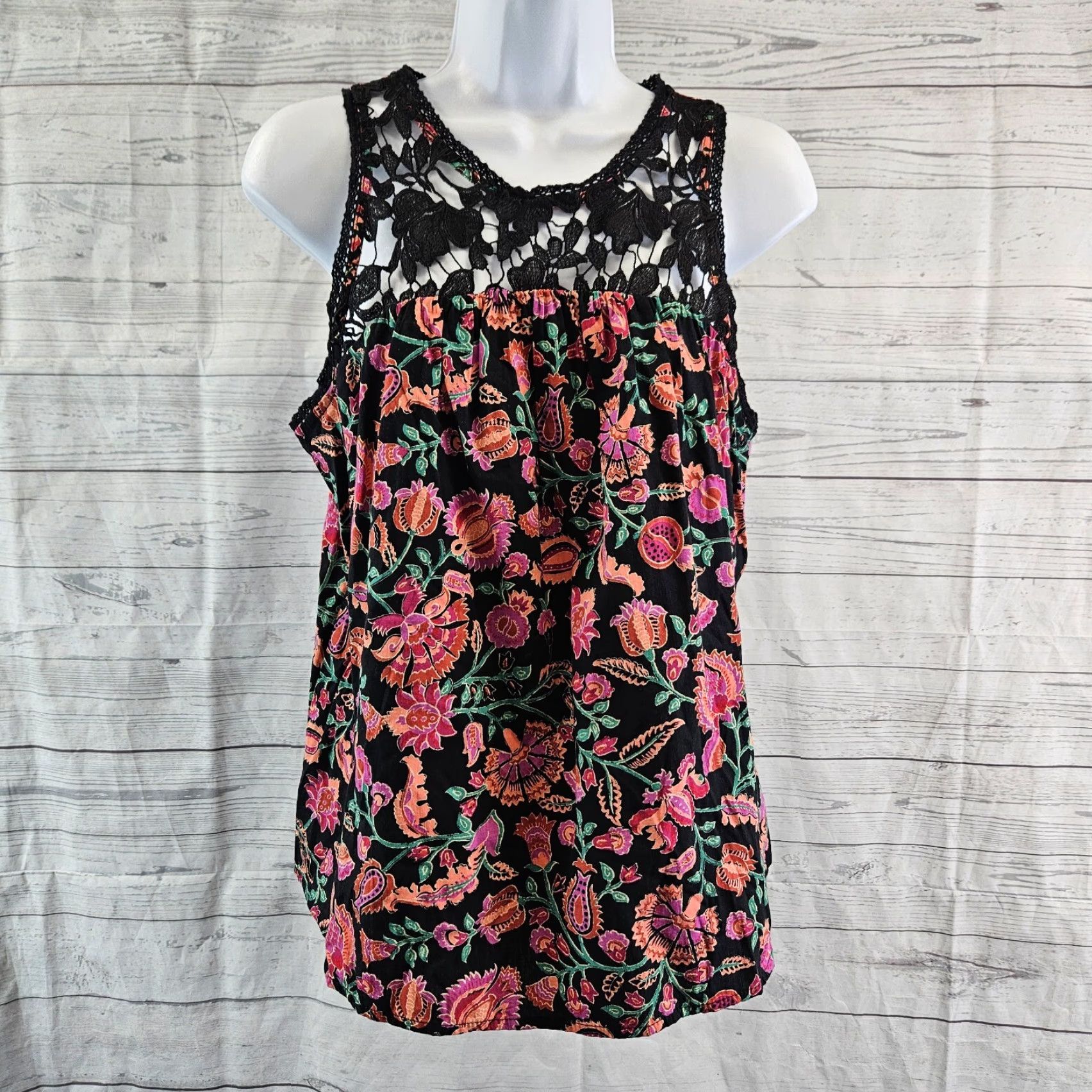 Vintage Knox Rose Womens Blouse Sleeveless Top Small Black Pink Floral Cotton Blend Round Neck Shirt Womens Size S / US 4 / IT 40 - 2 Thumbnail