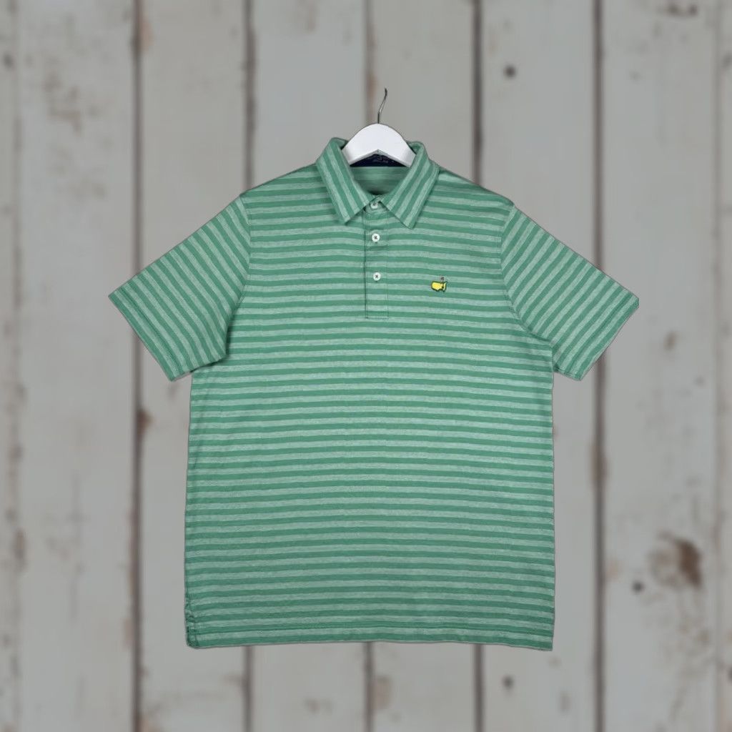 MASTERS Polo Golf - Clubhouse Collection - Green Striped - Men’s Medium - Italy - Embroidered Logo - Short Sleeve - Button - Cotton - Polo