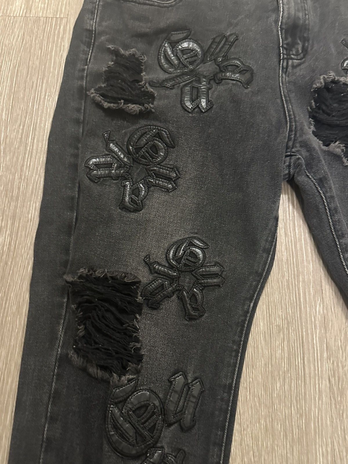 Other Black Distressed Cross Patch Denim Jeans Size US 34 / EU 50 - 2 Thumbnail