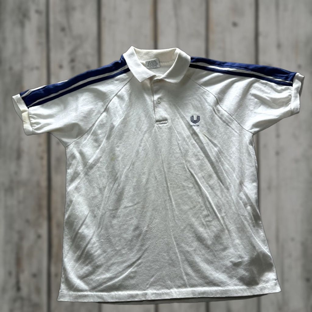 Vintage Vintage Print-Ons Polo Shirt Mens Large White Unitek Striped Sleeve 80s 90s Size US L / EU 52-54 / 3 - 1 Thumbnail