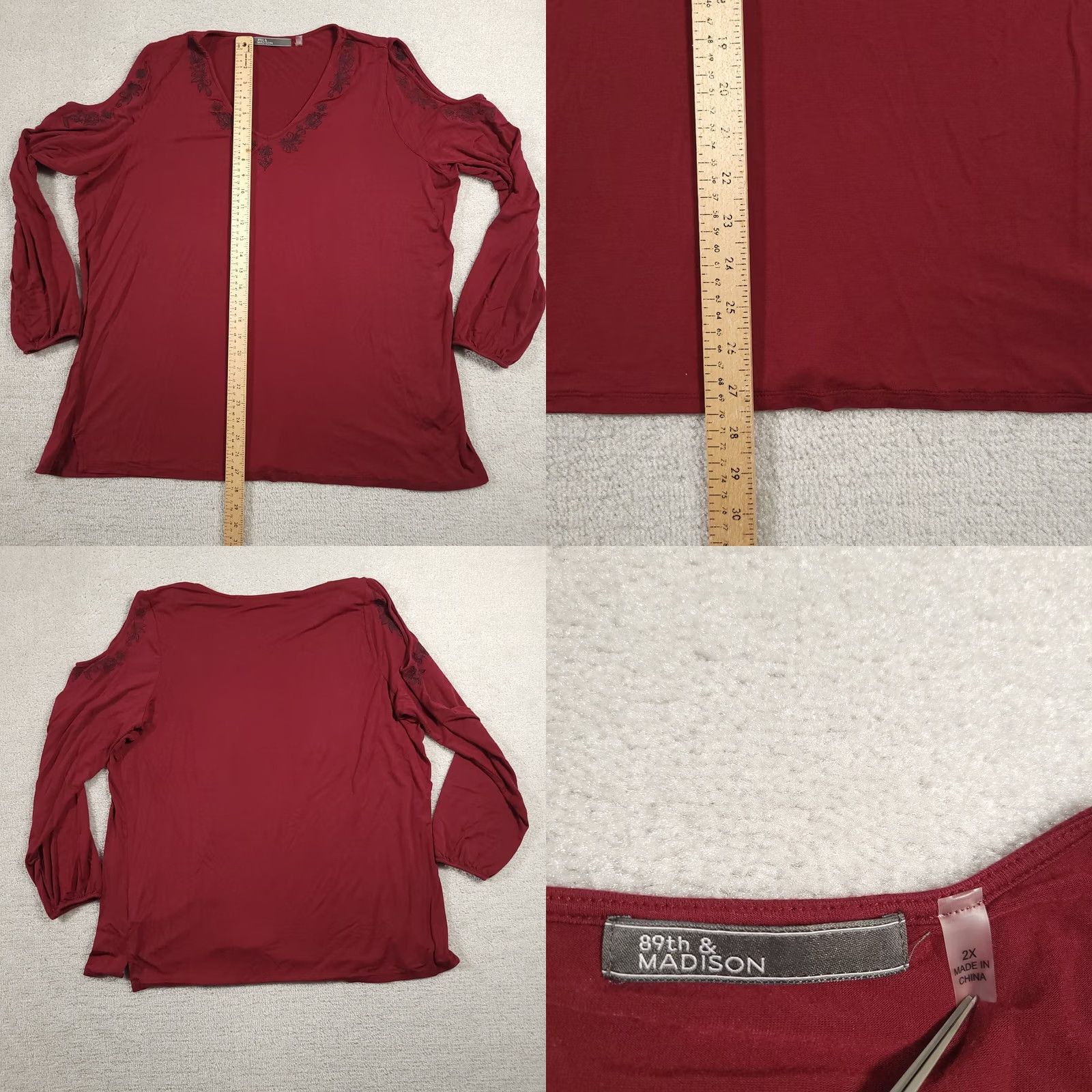 Vintage 89th & Madison Shirt Women's Plus 2X Red Cold Shoulder Long Sleeve Embroidered Size XXL / US 16-18 / IT 52-54 - 8 Thumbnail