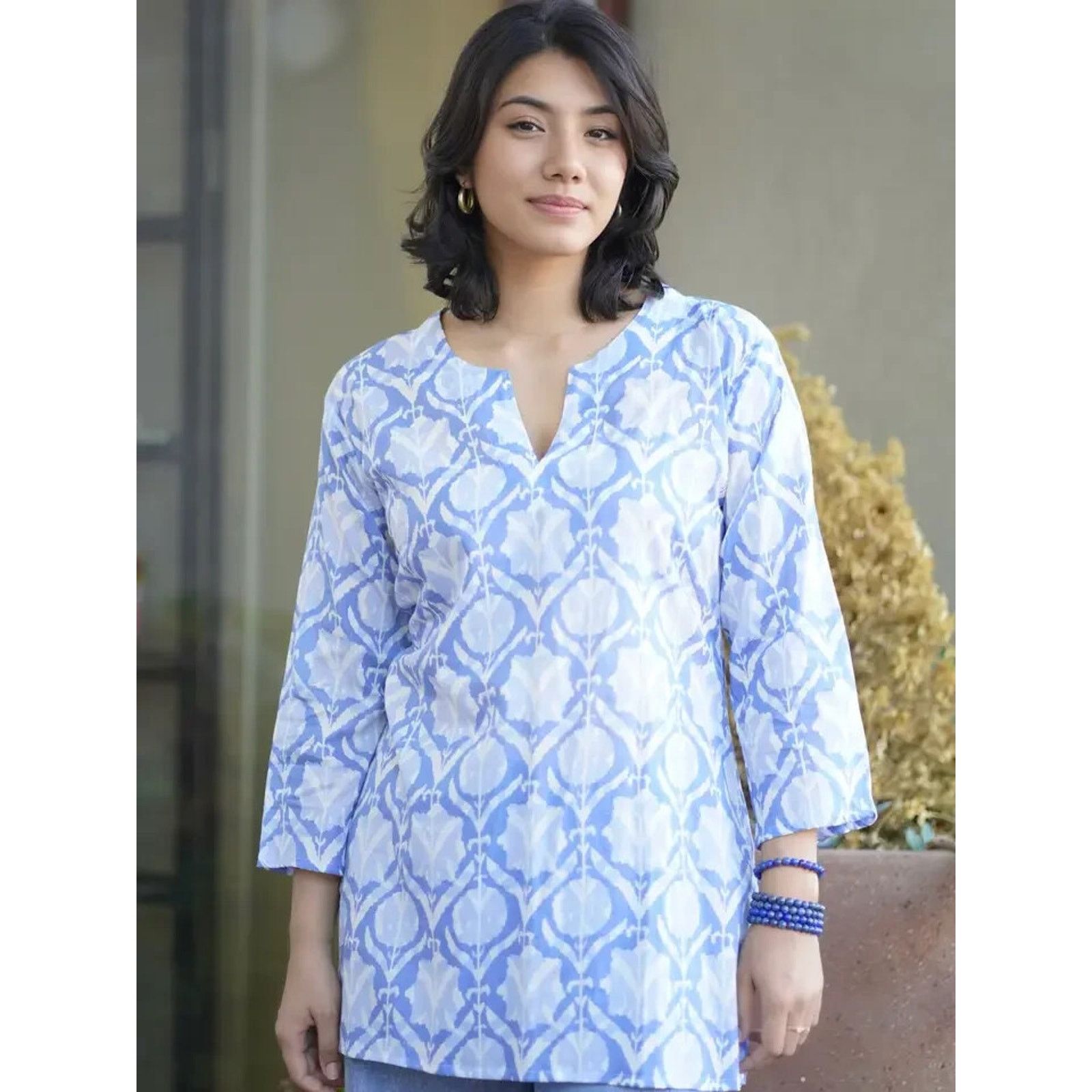 Other Dolma Women's Blue Addison Kurta Cotton Tunic Top Large Size L / US 10 / IT 46 - 1 Thumbnail
