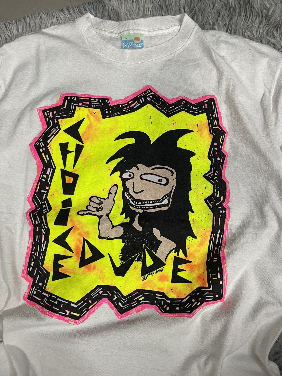 Vintage VINTAGE 1990 CHOICE DUDE Neon Graphic Tee Surf Skate Cartoon Size US L / EU 52-54 / 3 - 3 Thumbnail