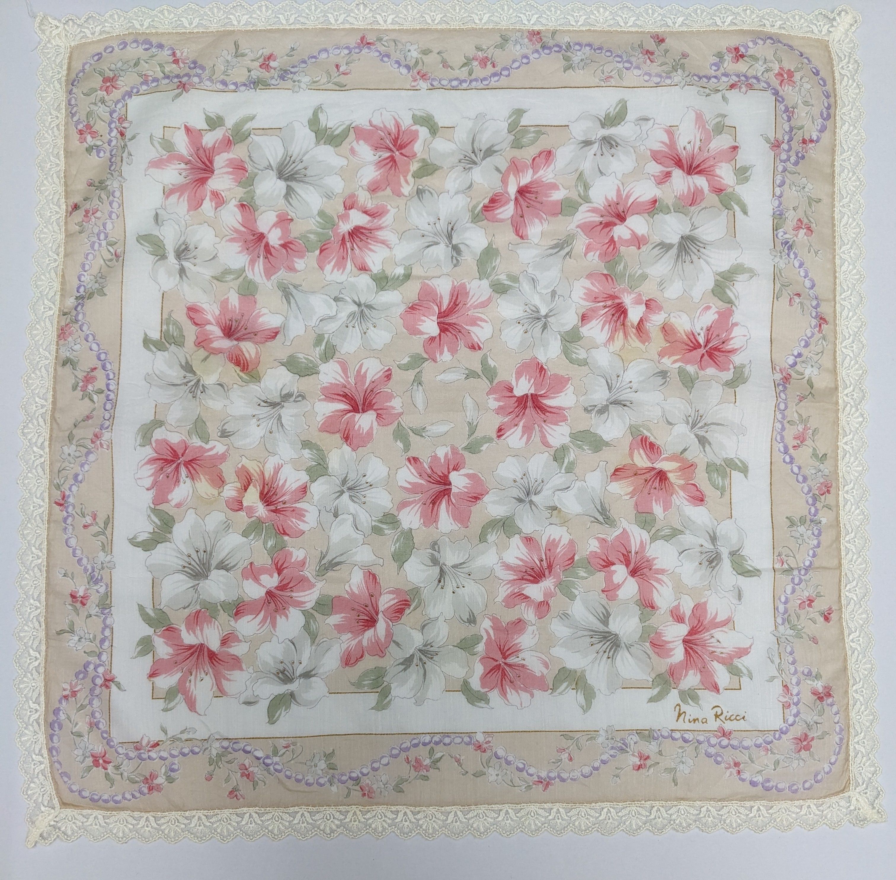 Nina Ricci Nina Ricci Paris Designer Handkerchief Pearl Motif & Floral Size ONE SIZE - 3 Thumbnail
