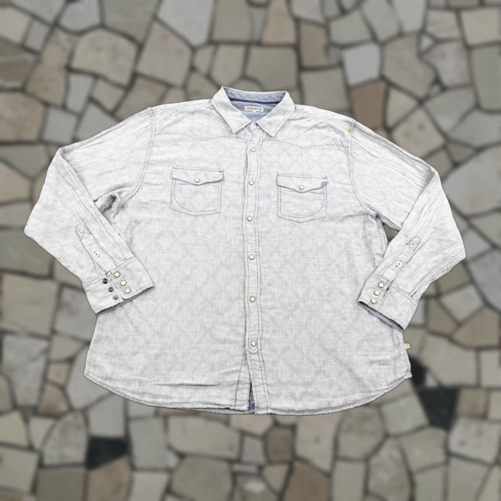 VINTAGE 32 Bar Blues Flannel Shirt Men's 2XL Gray Geometric Bud Light Pearl Snap Western Beer Outdoor