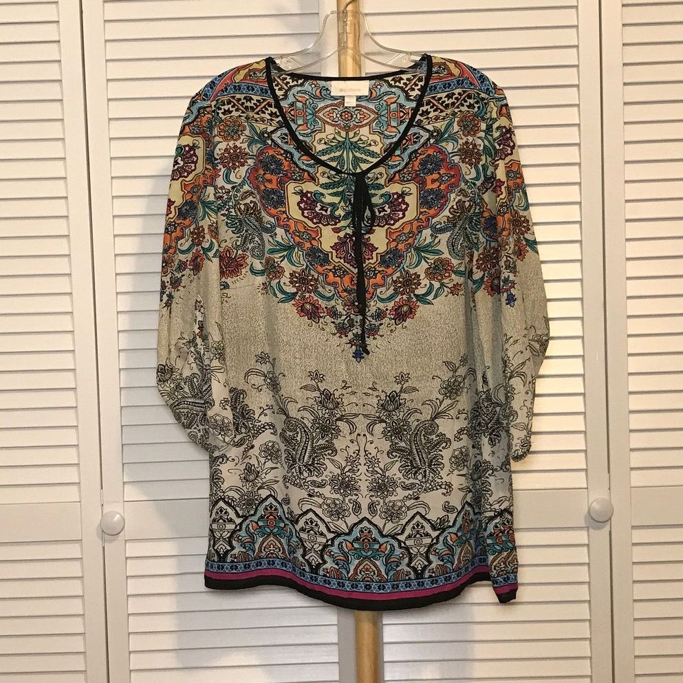 Other DressBarn Floral Geometric V-Neck 3/4 Sleeve Blouse L Size L / US 10 / IT 46 - 1 Thumbnail