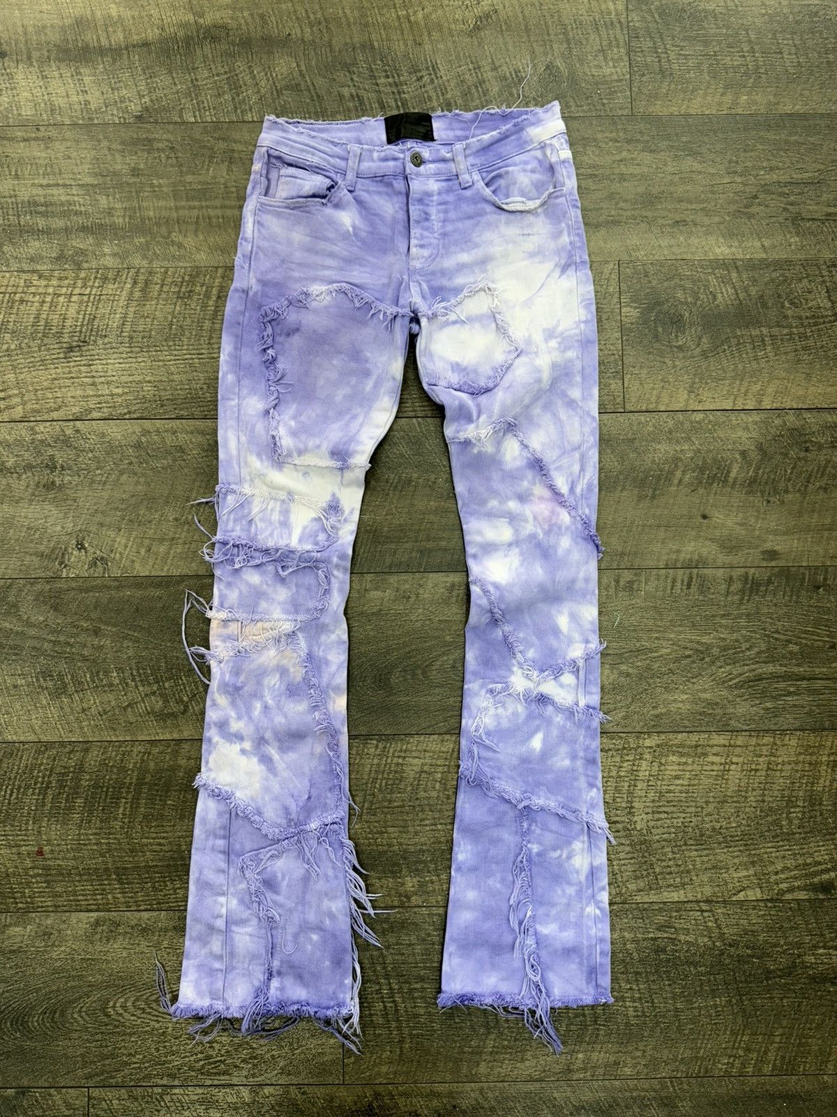 Image of Valabasas Flared Patchwork Distressed Skinny Denim Purple (30), Men's