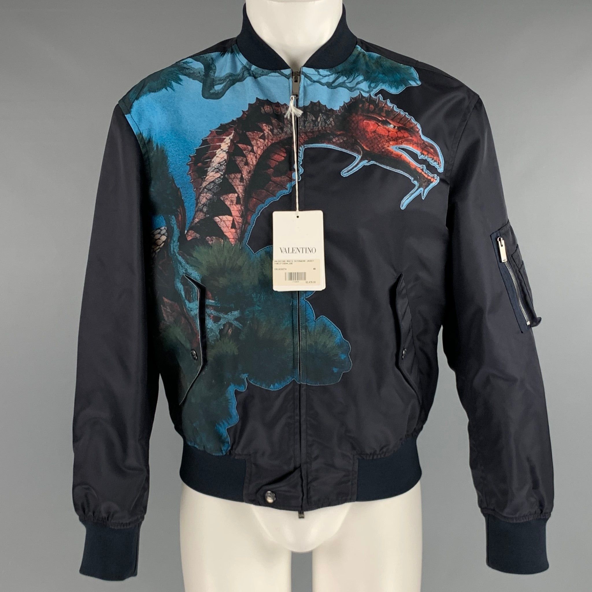 image of Valentino Navy Graphic Bomber Jacket, Men's (Size Small)