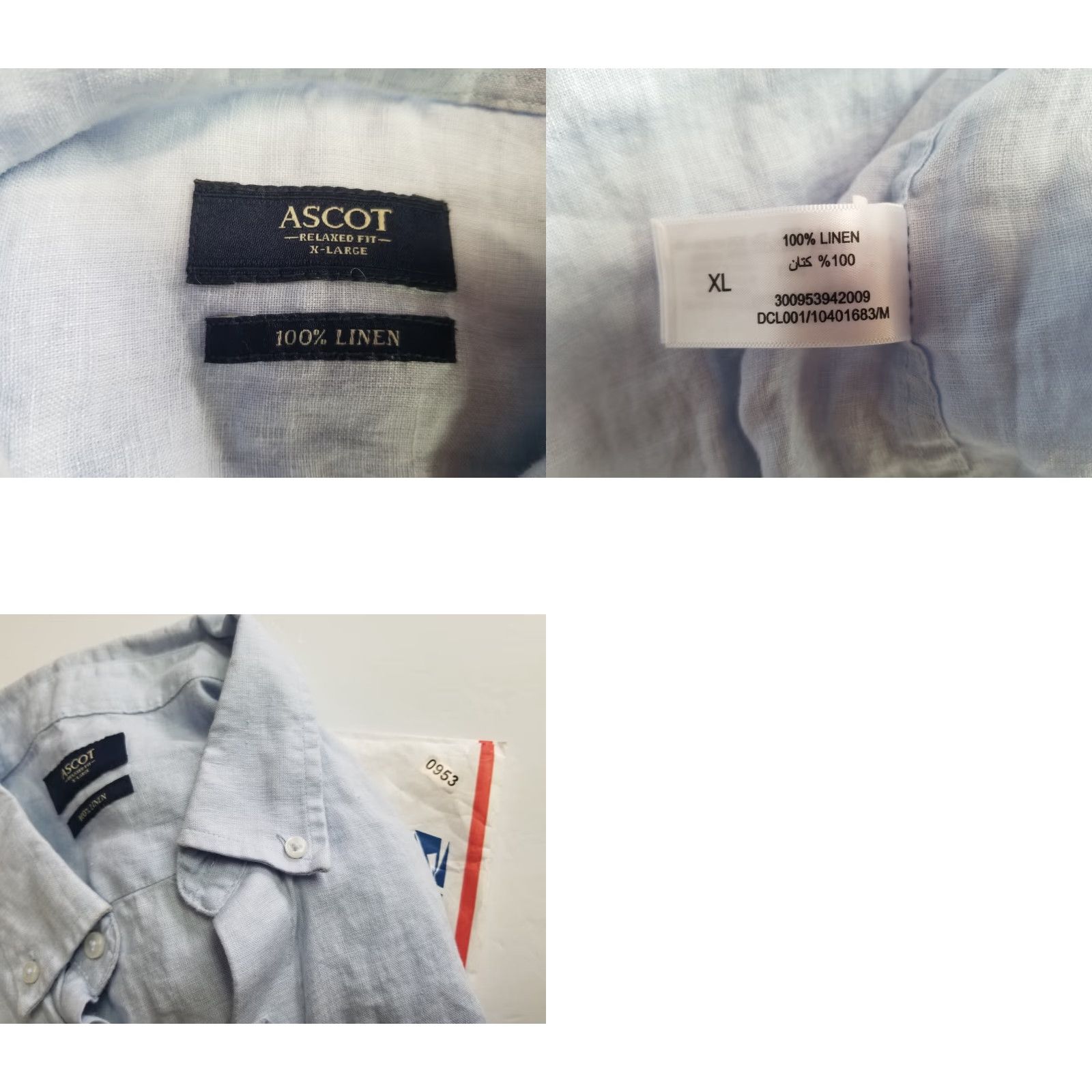 Vintage Ascot Shirt XL Blue 100% Linen Long Sleeve Button Up Mens Slimming Regular Fit Brown Suede Accents Size US XL / EU 56 / 4 - 8 Thumbnail